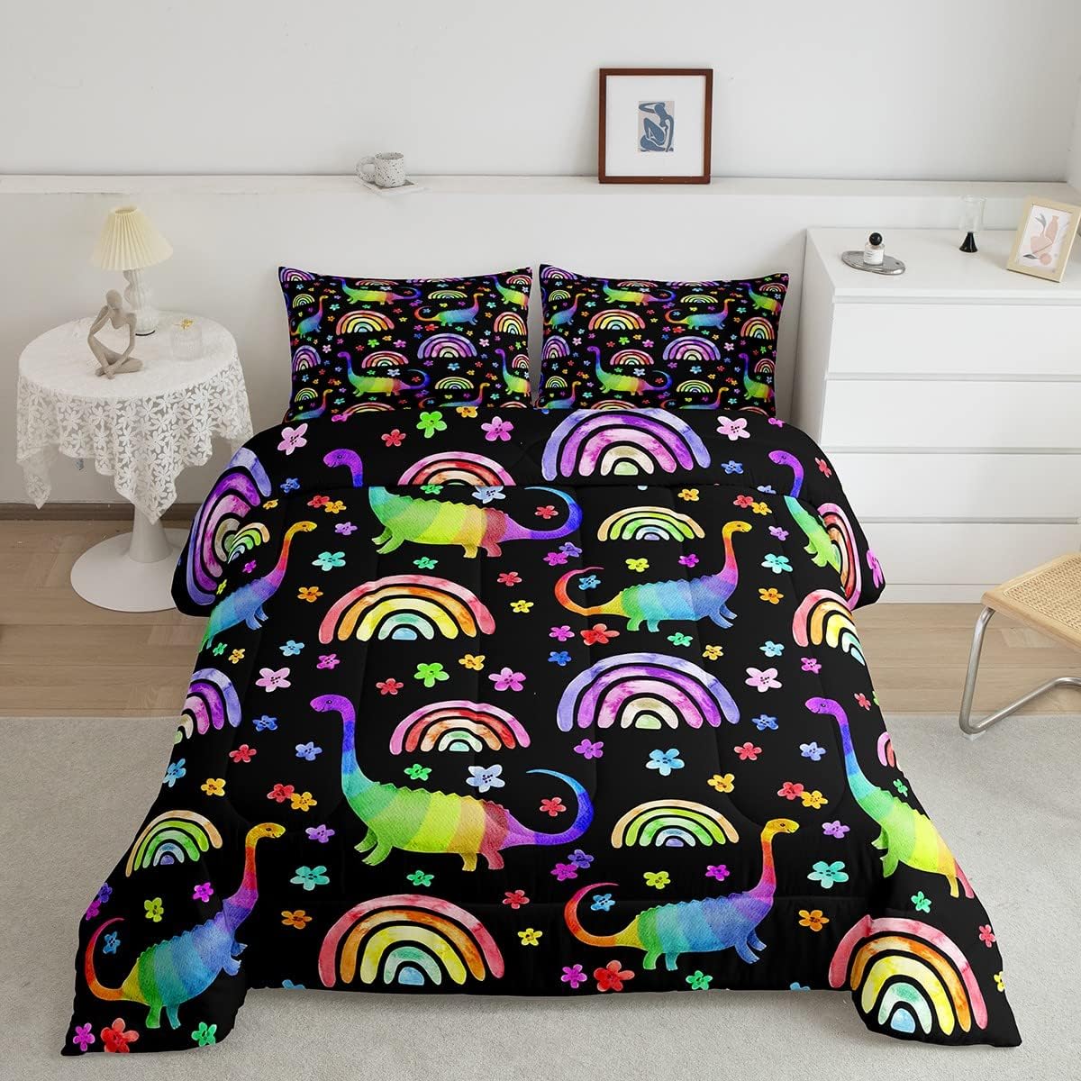 Erosebridal Juego de ropa de cama de dinosaurio para niños, juego de edredón de arcoíris para niñas, juego de edredón de flores coloridas, juegos de