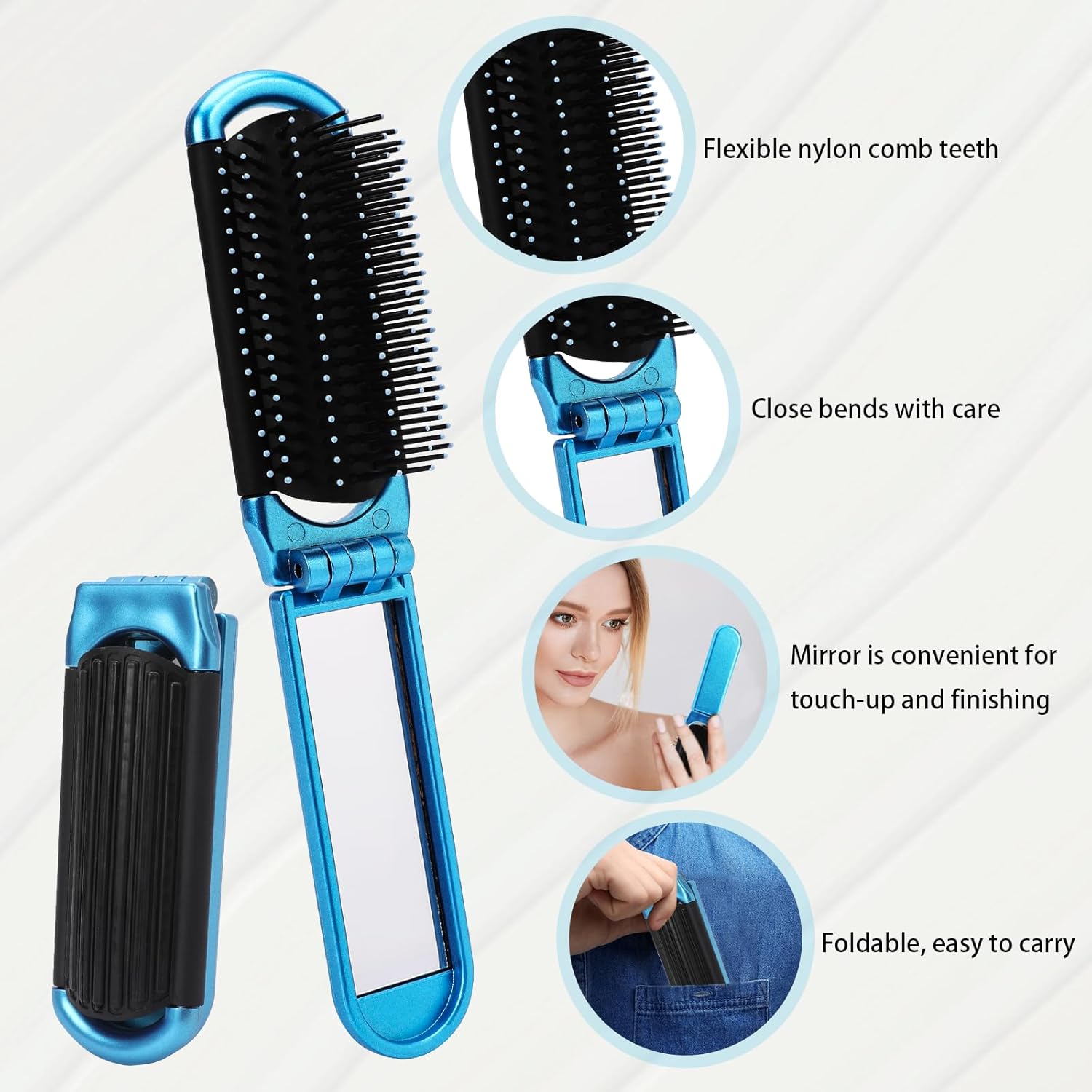 Mini cepillo de pelo, 2 piezas de cepillo plegable para el pelo, cepillo de pelo compacto con espejo para mujeres y niñas, peine de masaje de