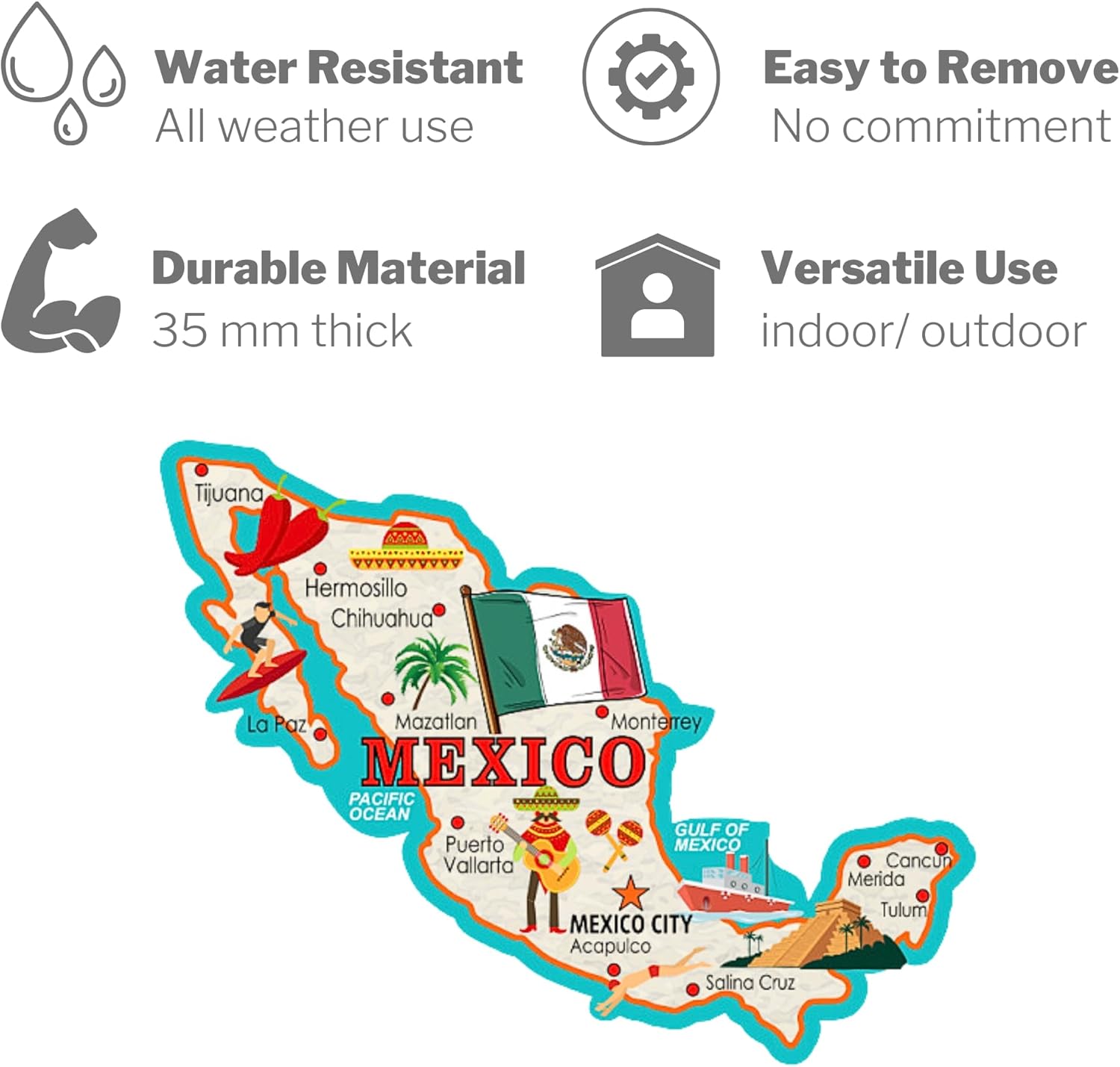 Imán de recuerdo del país de México, calcomanía magnética de mapa coleccionable para coches, refrigeradores y pizarras blancas, 5 pulgadas