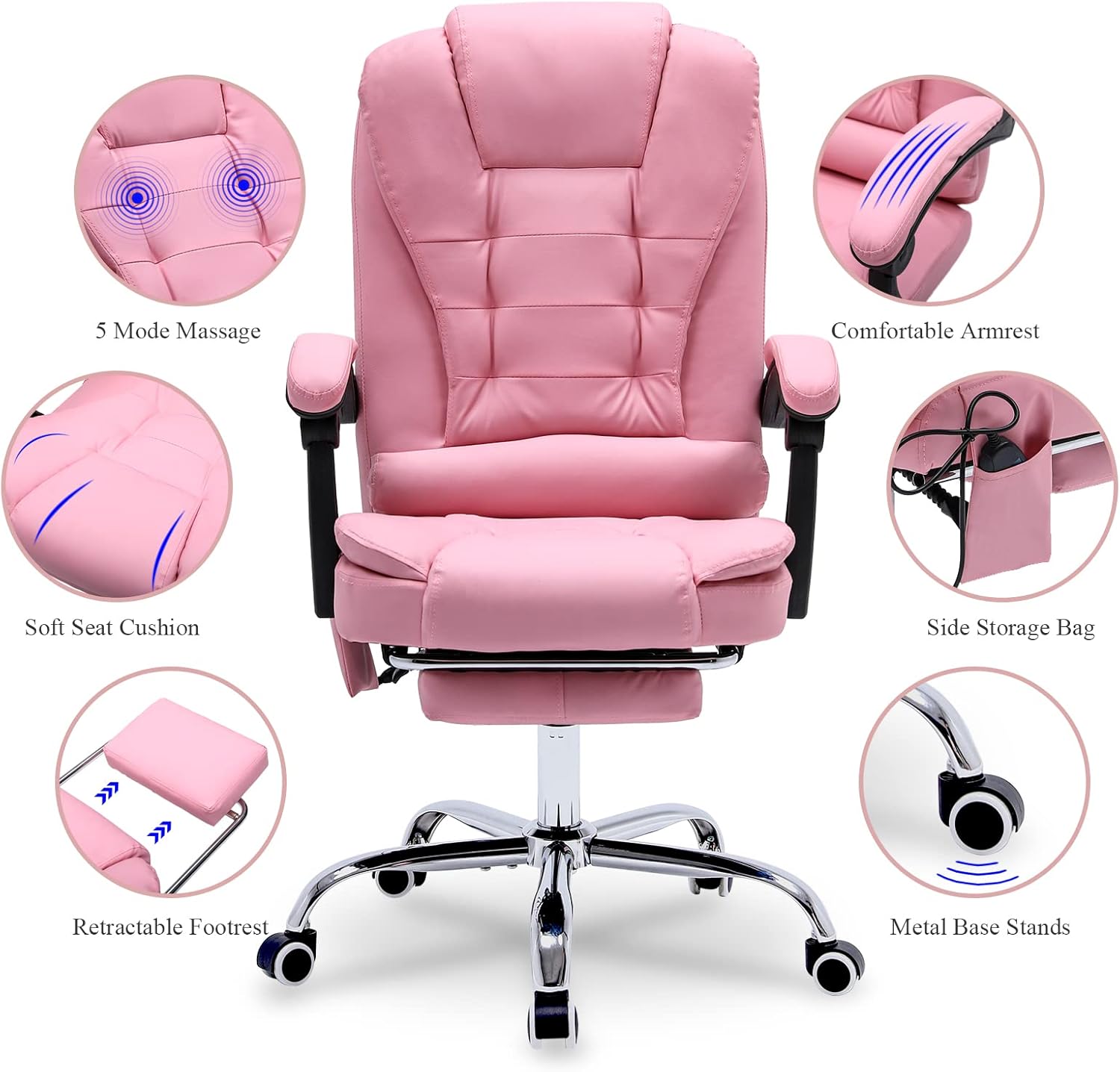 Silla de oficina de masaje, silla ejecutiva ergonómica para computadora con reposapiés, silla de oficina ejecutiva de piel sintética con reposabrazo
