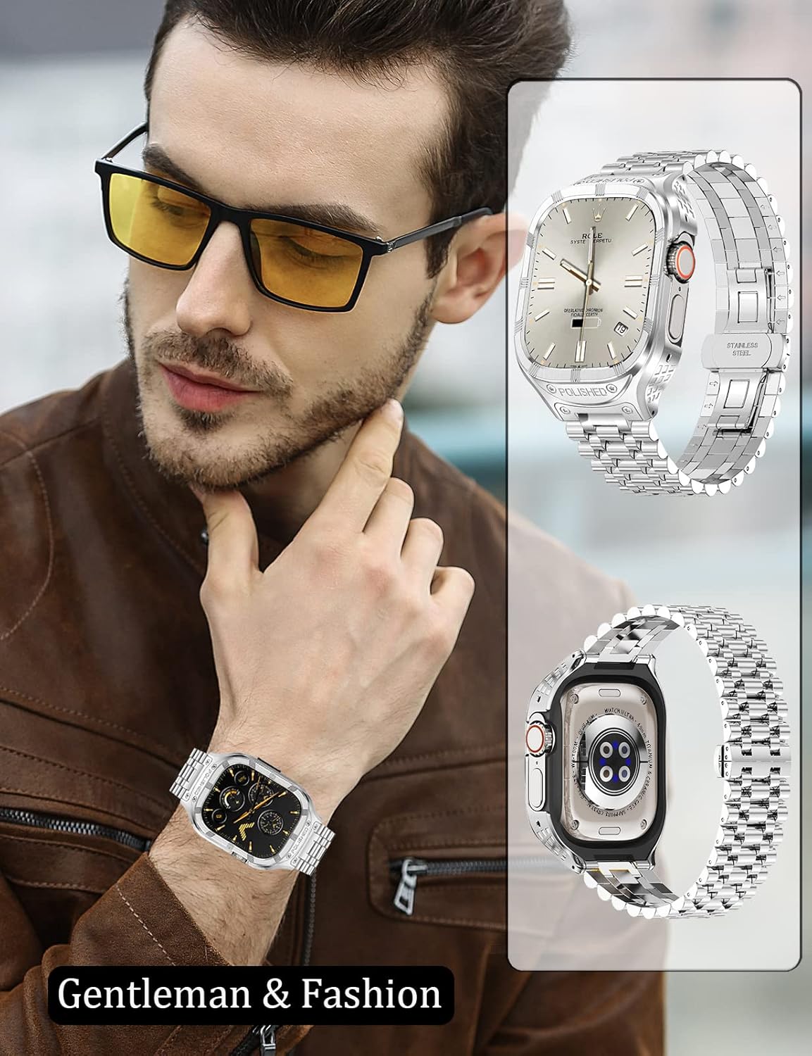Stainless Steel CaseBand Compatiable for Apple Watch Band 49mm 45mm 44mm 42mm-Rugged Metal iWatch Case and Strap for Men iWatch Band Series