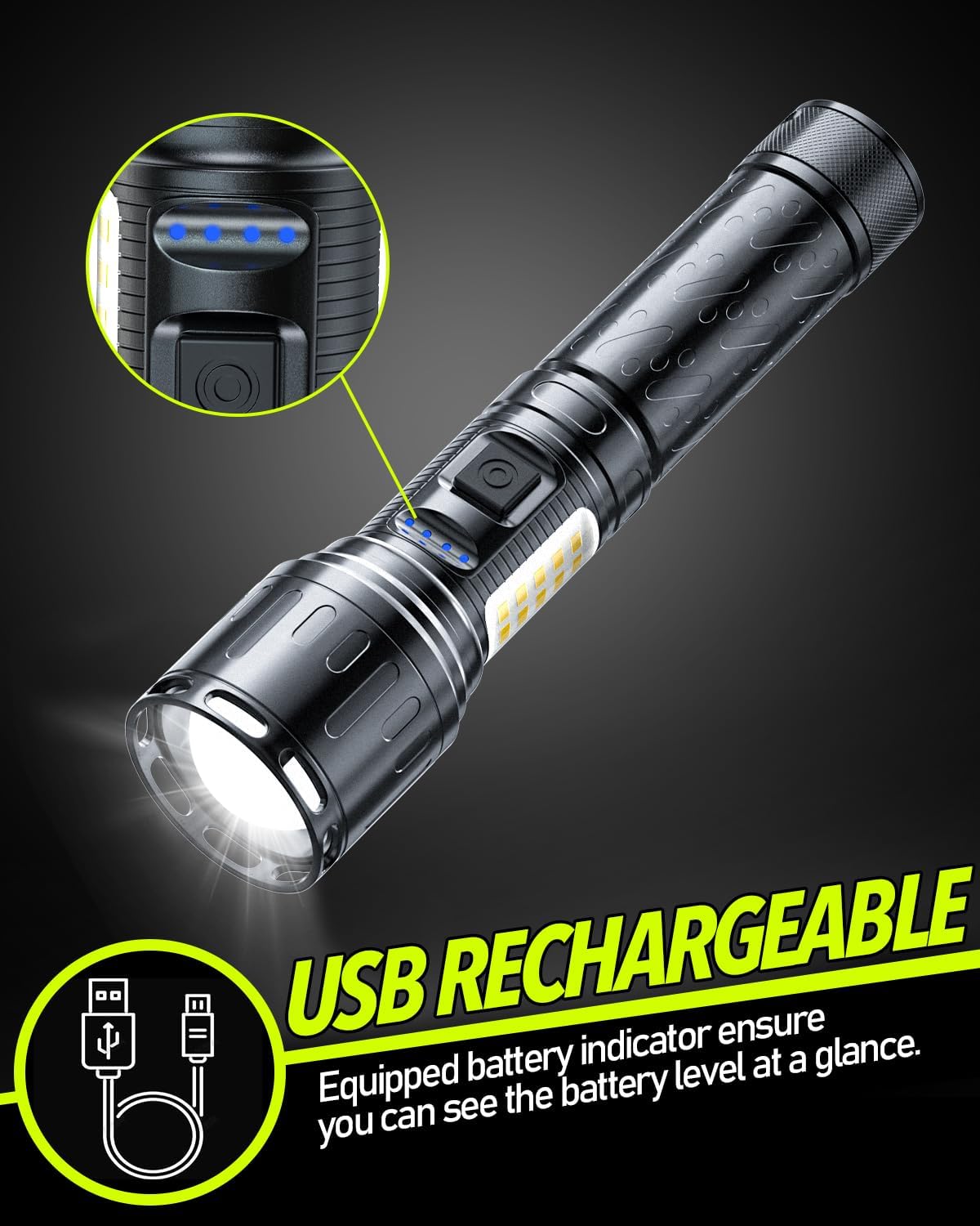 Linterna LED recargable, 30000 lúmenes altos linternas magnéticas con luz lateral de mazorca, 4,921.3 ft de largo alcance, zoom, linterna táctica