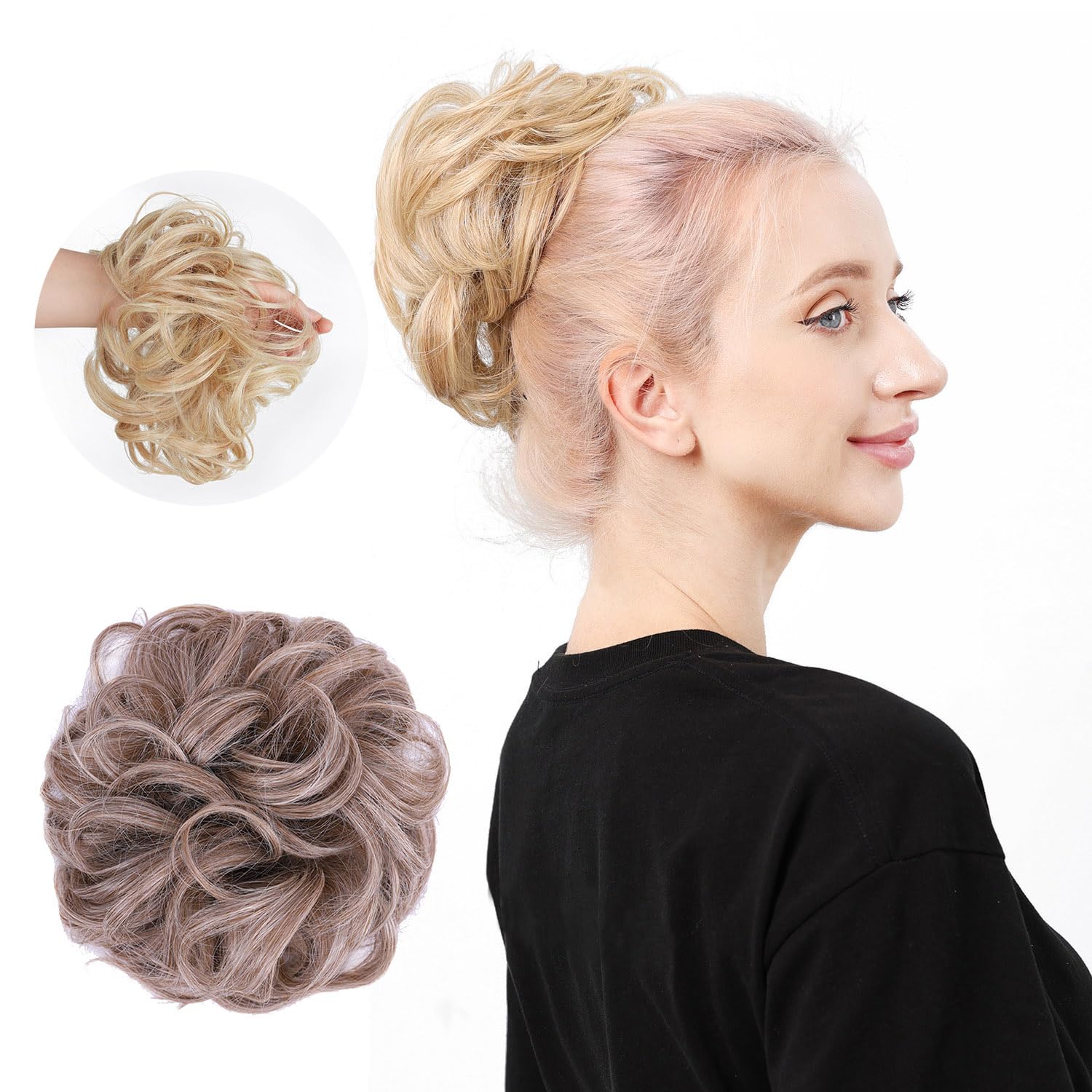 Moño desordenado, moño sintético ondulado para coleta, extensiones de cabello rizado (rubio claro)