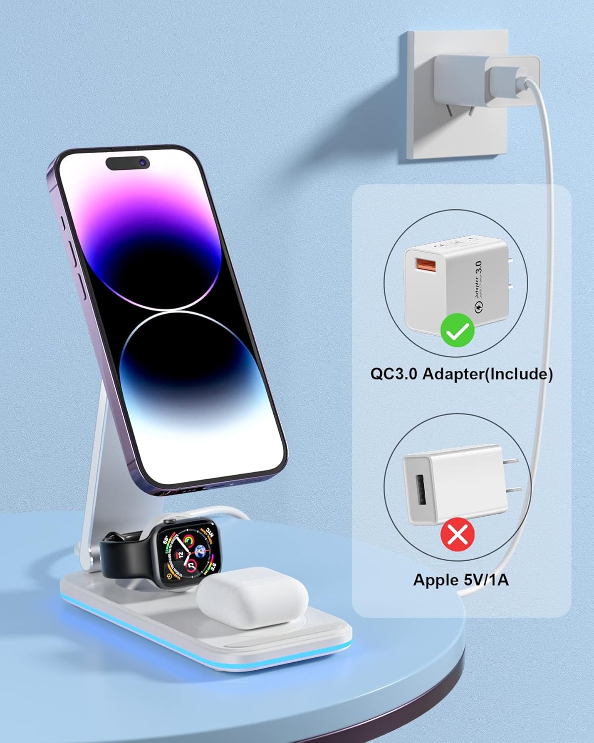 BOCLOUD Estación de carga inalámbrica 3 en 1, soporte de carga portátil, cargador inalámbrico rápido para iPhone 15, 14, 13, 12 Pro MaxProMini,