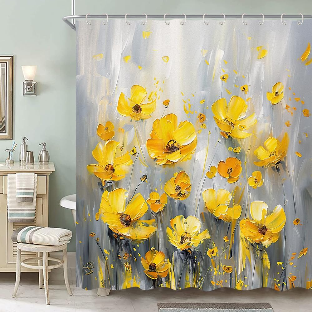 Cortina de ducha retro rústica con flores amarillas, pintura al óleo amarilla, hojas grises y florales, cortina de ducha para baño, 12 ganchos, 70 x