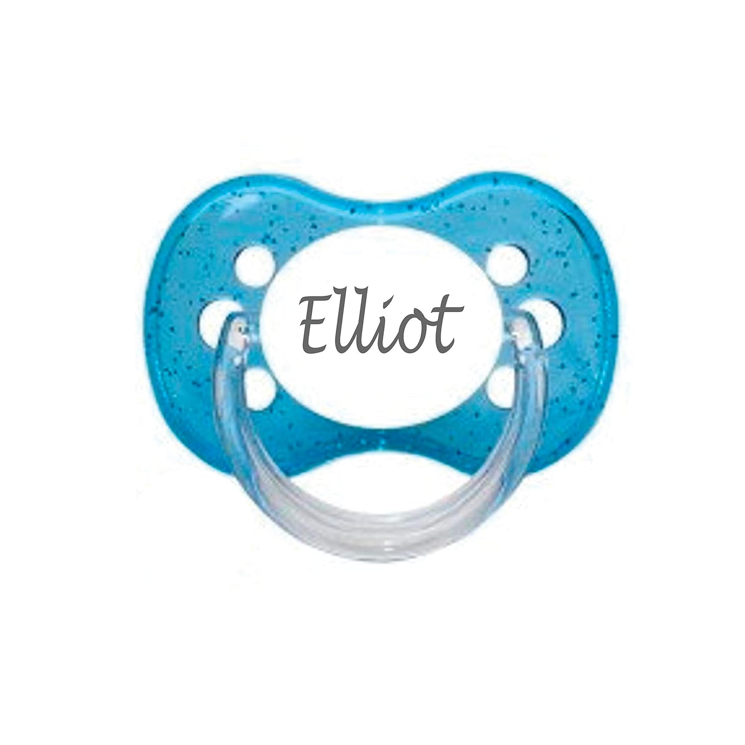 Chupete personalizado con nombre, paquete de 2 unidades con purpurina azul y blanco, (disponible de 0 a 6 meses y 6 a 18 meses), chupete grabado,