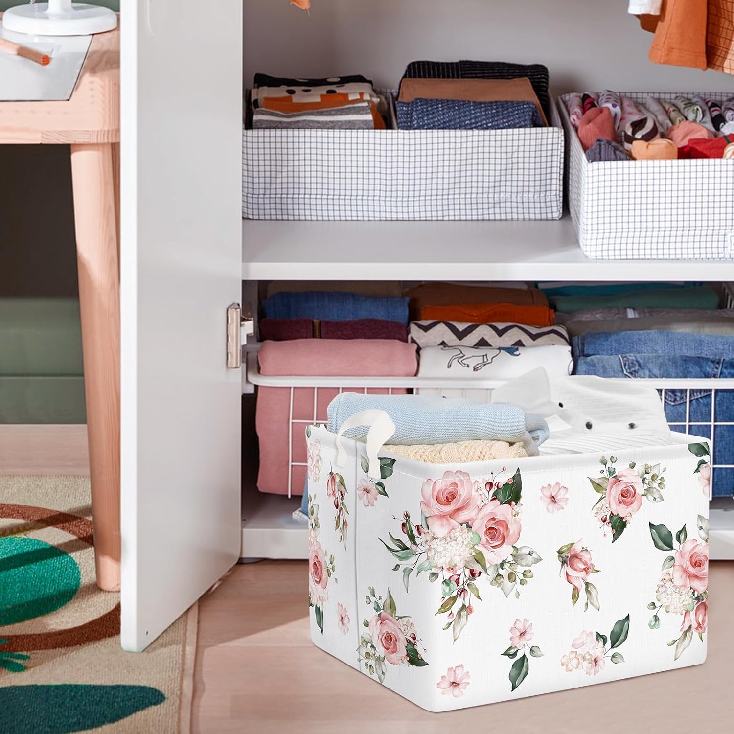 Clastyle Cesta floral rectangular para niña, color rosa, para ropa, juguetes, libros, aperitivos