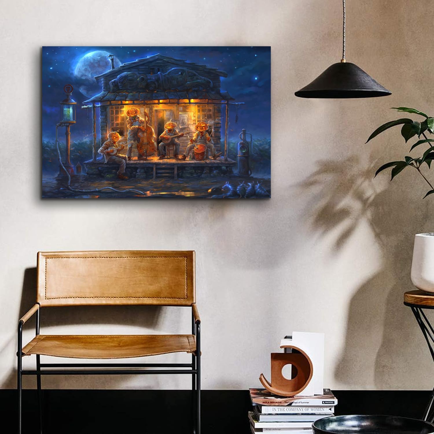 ZKBX – Decoraciones de Halloween, arte de pared de calabaza, pintura de fiesta musical, imagen de pared de noche azul, impresión en lienzo HD,