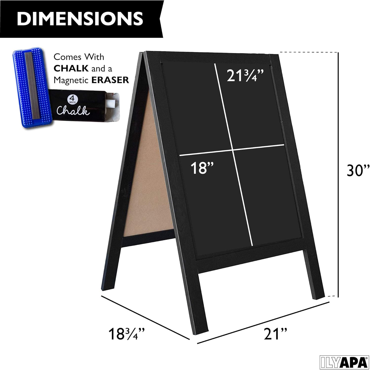 Ilyapa Letrero de madera con marco en A con borrador y tiza, pizarra magnética de 21 x 30 pulgadas para acera, resistente e independiente, para