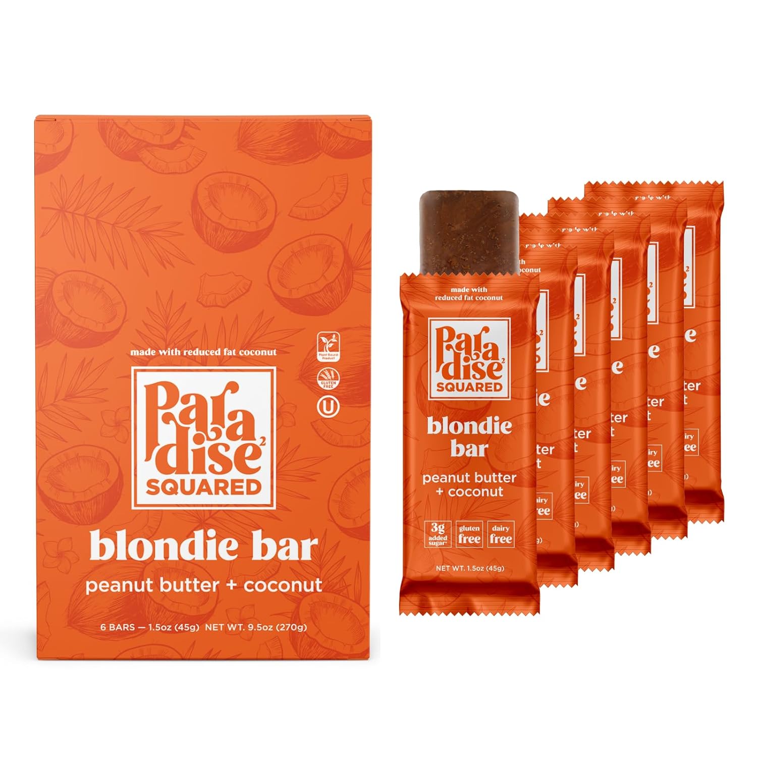 PARADISE SQUARED – Barra vegana de mantequilla de maní de coco Blondie, suave y masticable, sin gluten, kosher, a base de plantas, sin lácteos, sin