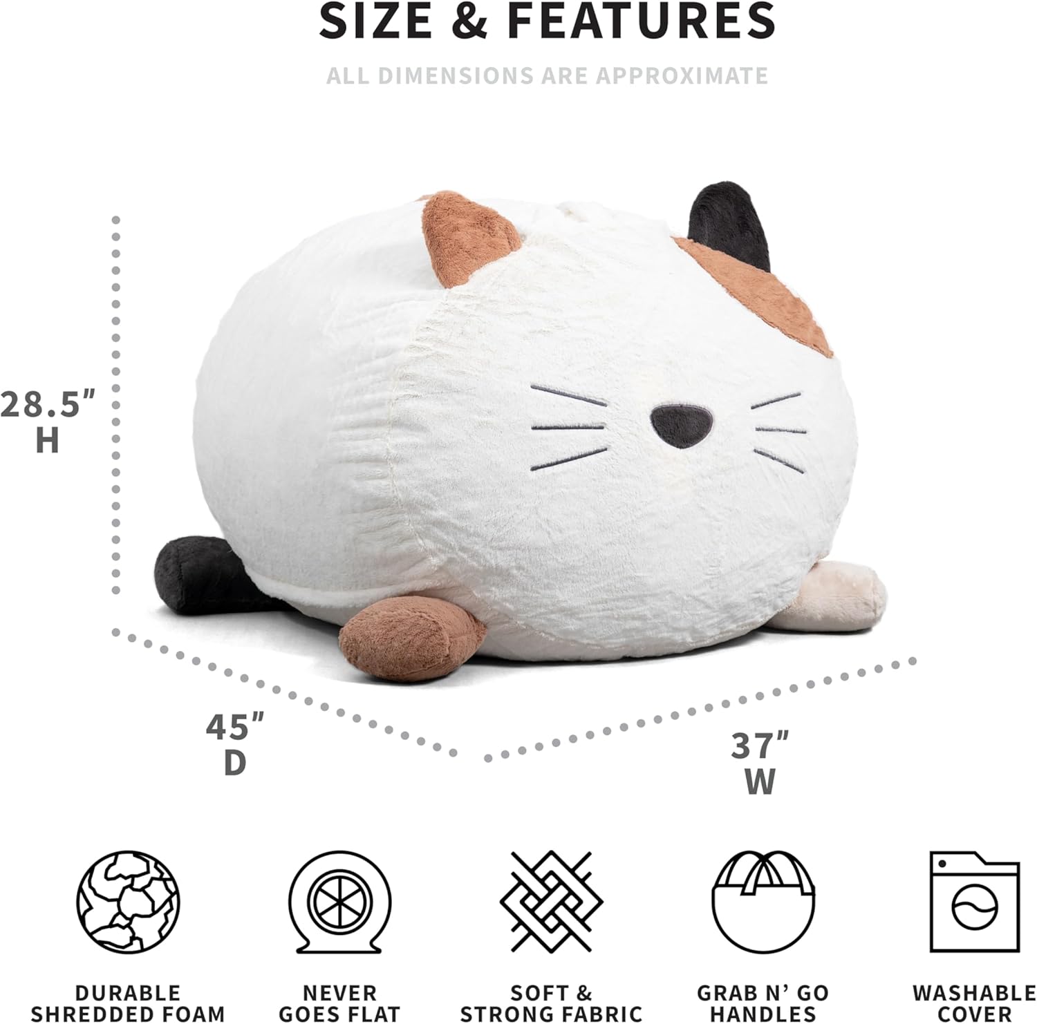 Big Joe Wild Things – Puf de animales relleno de espuma con funda extraíble, Francesca Feline Snugglepuff, piel sintética suave, 3 pies de grande