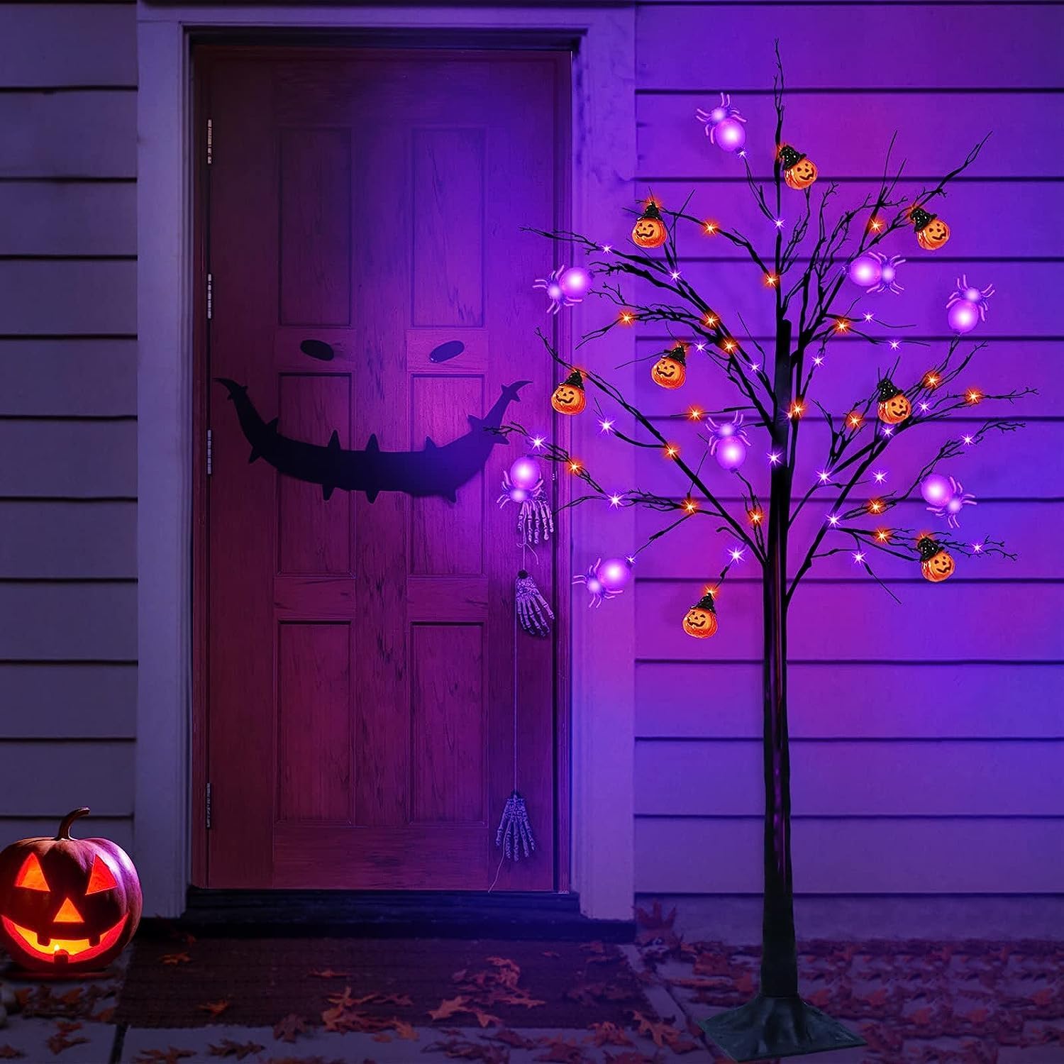 TURNMEON Árbol de Halloween iluminado naranja y morado de 5 pies con temporizador, decoraciones de Halloween, árbol artificial espeluznante para