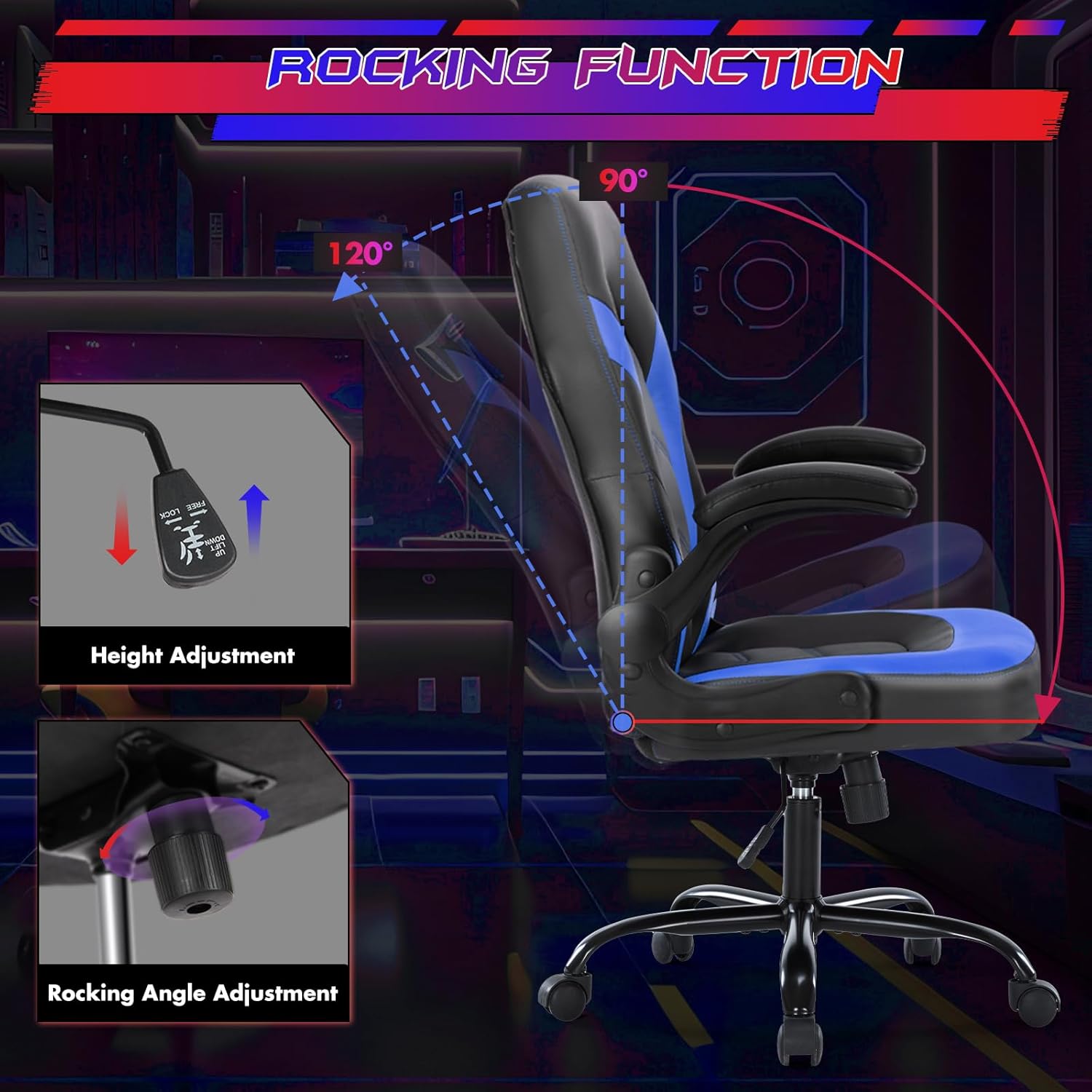 Sweetcrispy Silla de escritorio para juegos de computadora, ergonómica y ajustable, giratoria, de piel sintética, con reposabrazos abatibles para