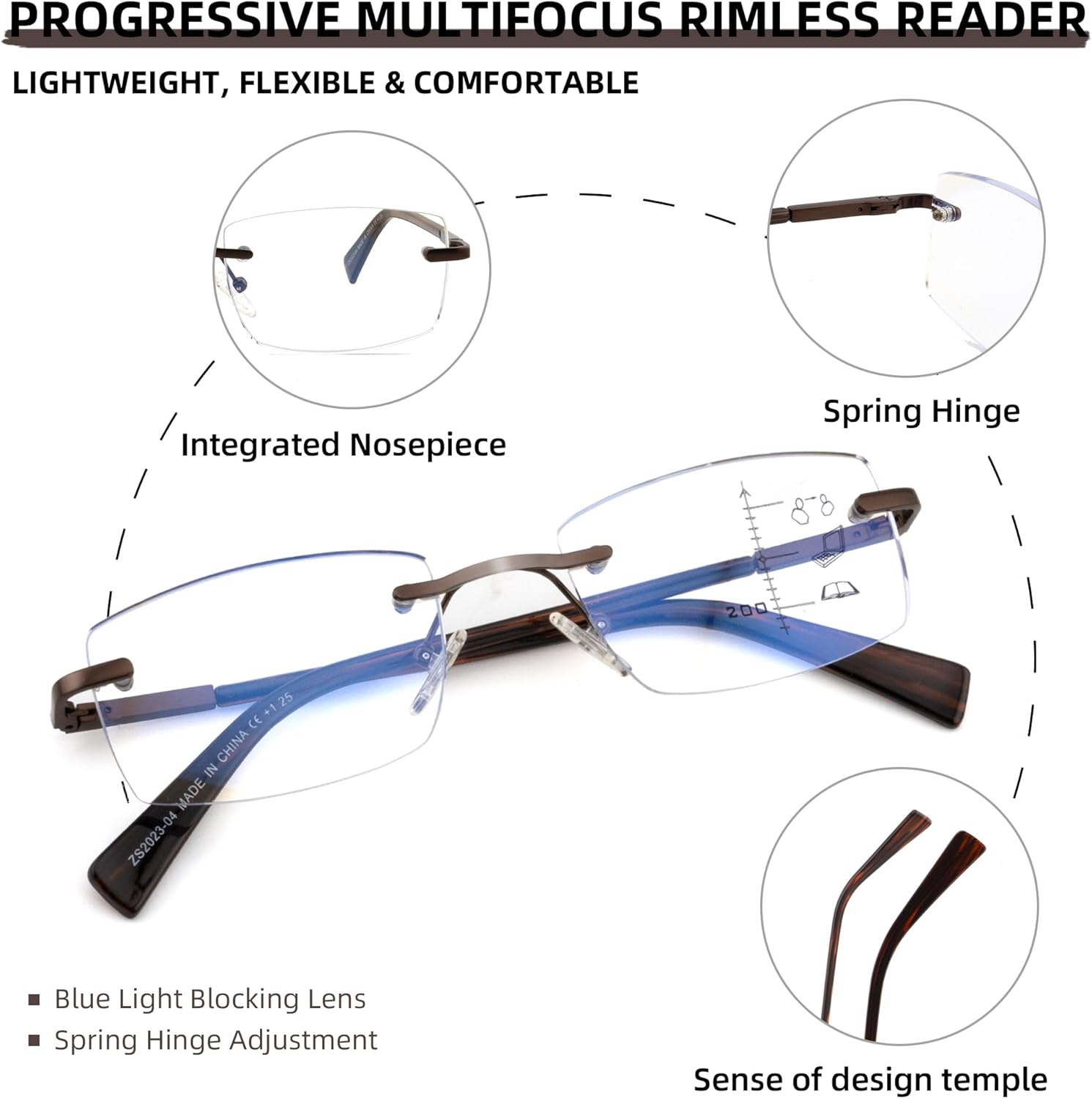 HIYANJN Gafas de lectura progresivas para hombre, marco sin marco, bloqueo de luz azul, multifocales, para computadora, bisagra de resorte, sin línea