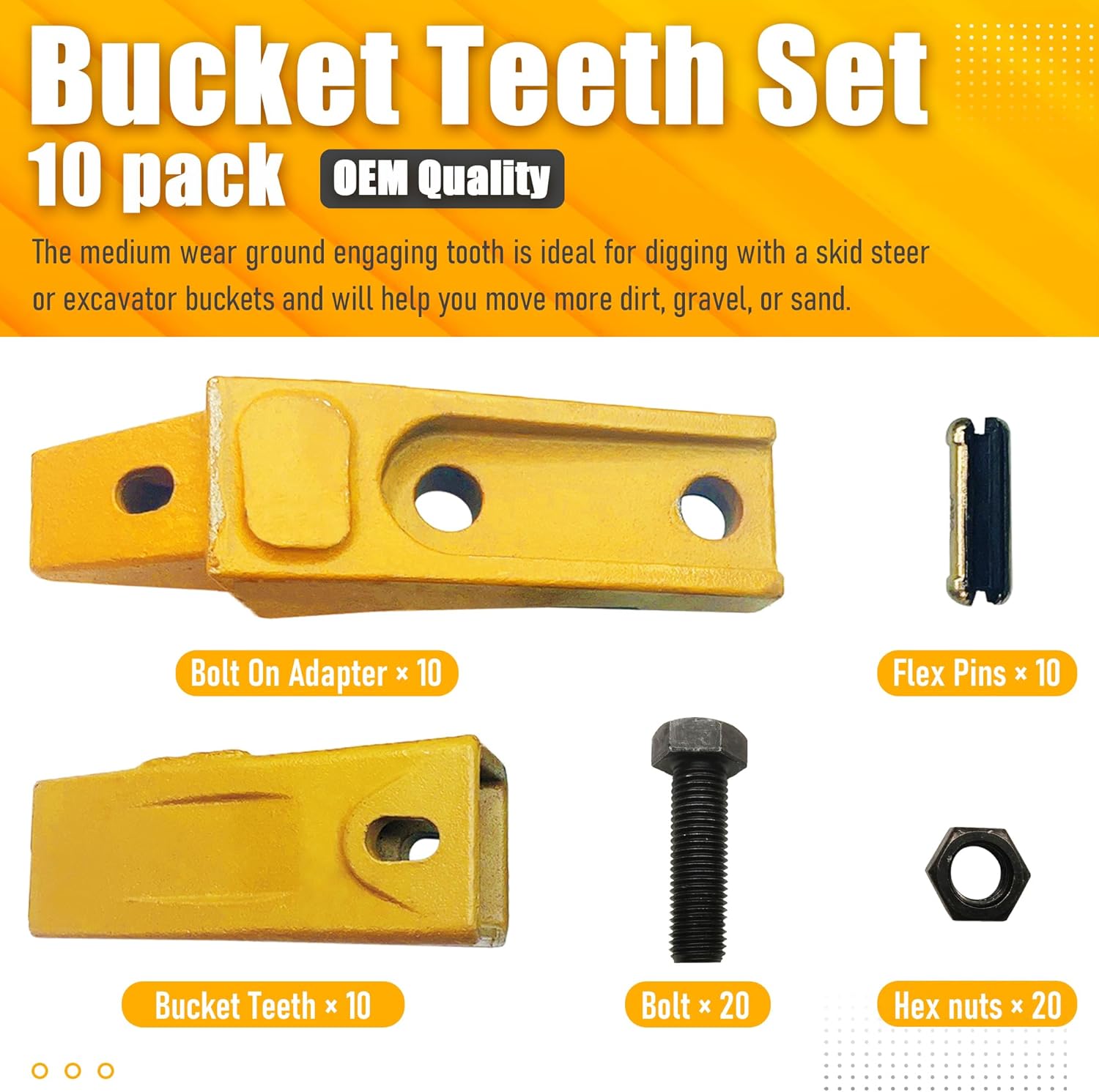 BDI Wear Parts 6737322Y, ensamblaje Bobcat estilo cubo dientes 6737325  adaptador 6737324  pasador flexible 6737326 perno y tuerca (10 juegos)