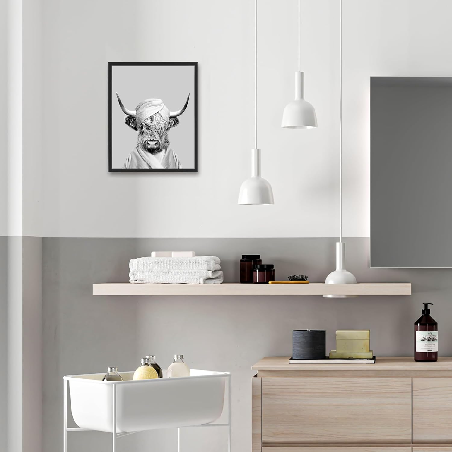 jenesaisquoi Highland Cow – Arte de pared para decoración de baño, lienzo con marco en blanco y negro, impresiones artísticas de animales