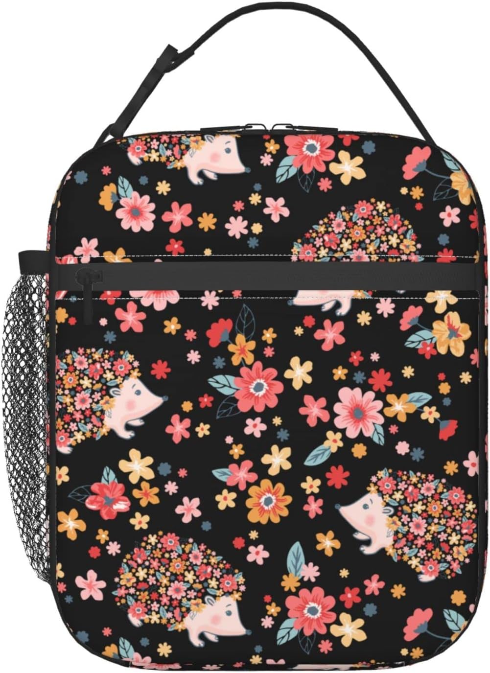 Bolsa de almuerzo con diseño de flores y erizos lindos, bolsa de comida aislada, contenedor de alimentos para la escuela, trabajo, picnic, viajes