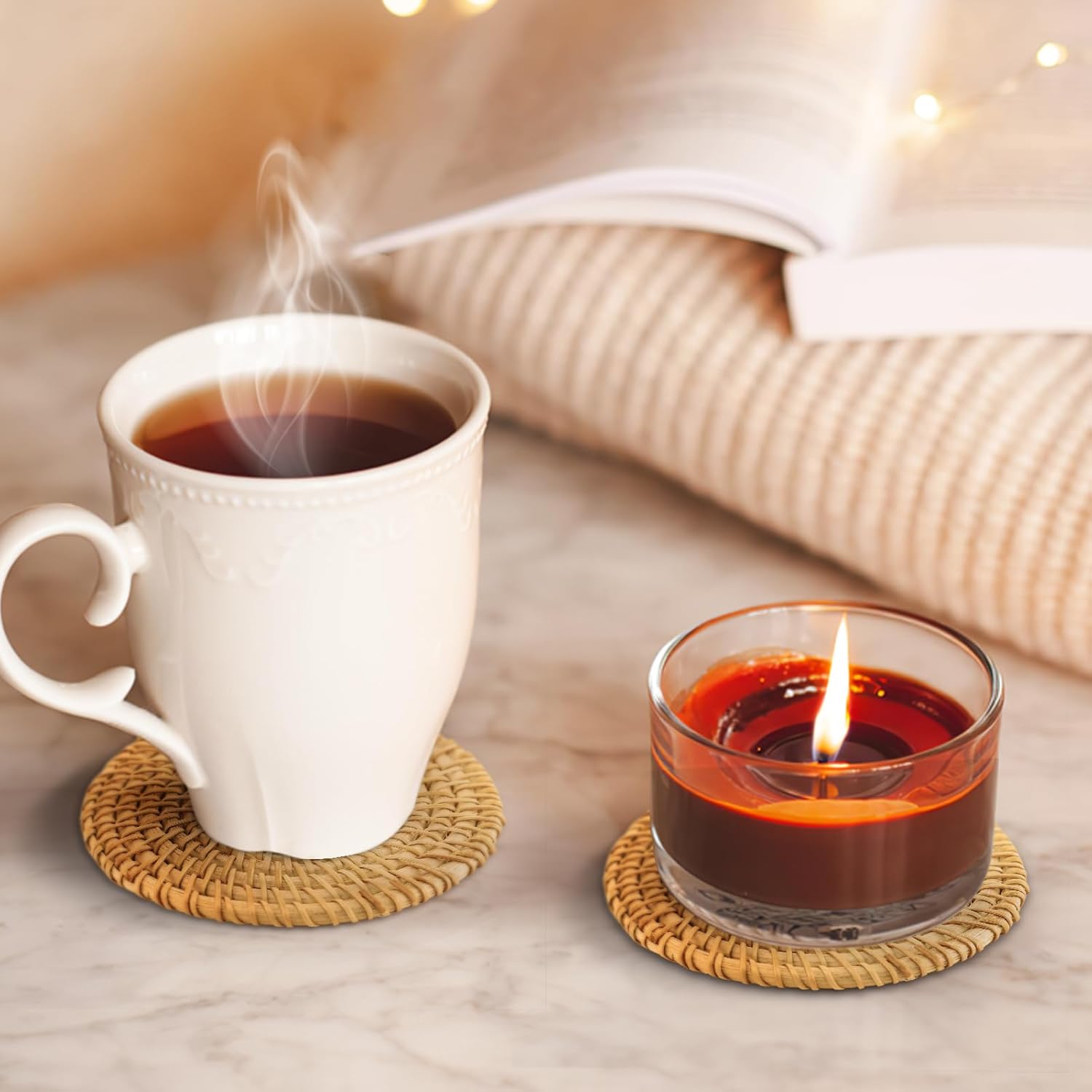 6pcs Handmade Rattan Coasters with Holder, Natural Wicker Boho Coasters Set, Heat-resistant Drink Coasters for Coffee Table Housewarming Gifts Hot