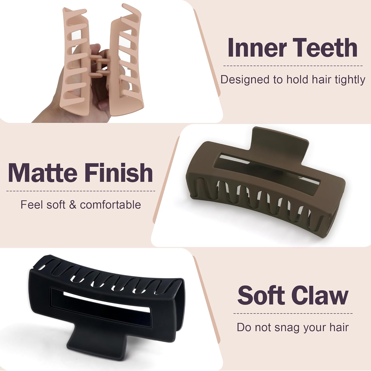 6 pinzas grandes de 4.3 pulgadas para cabello grueso, pinzas para cabello fino, pinzas para cabello neutro para mujeres, pinzas cuadradas mate para