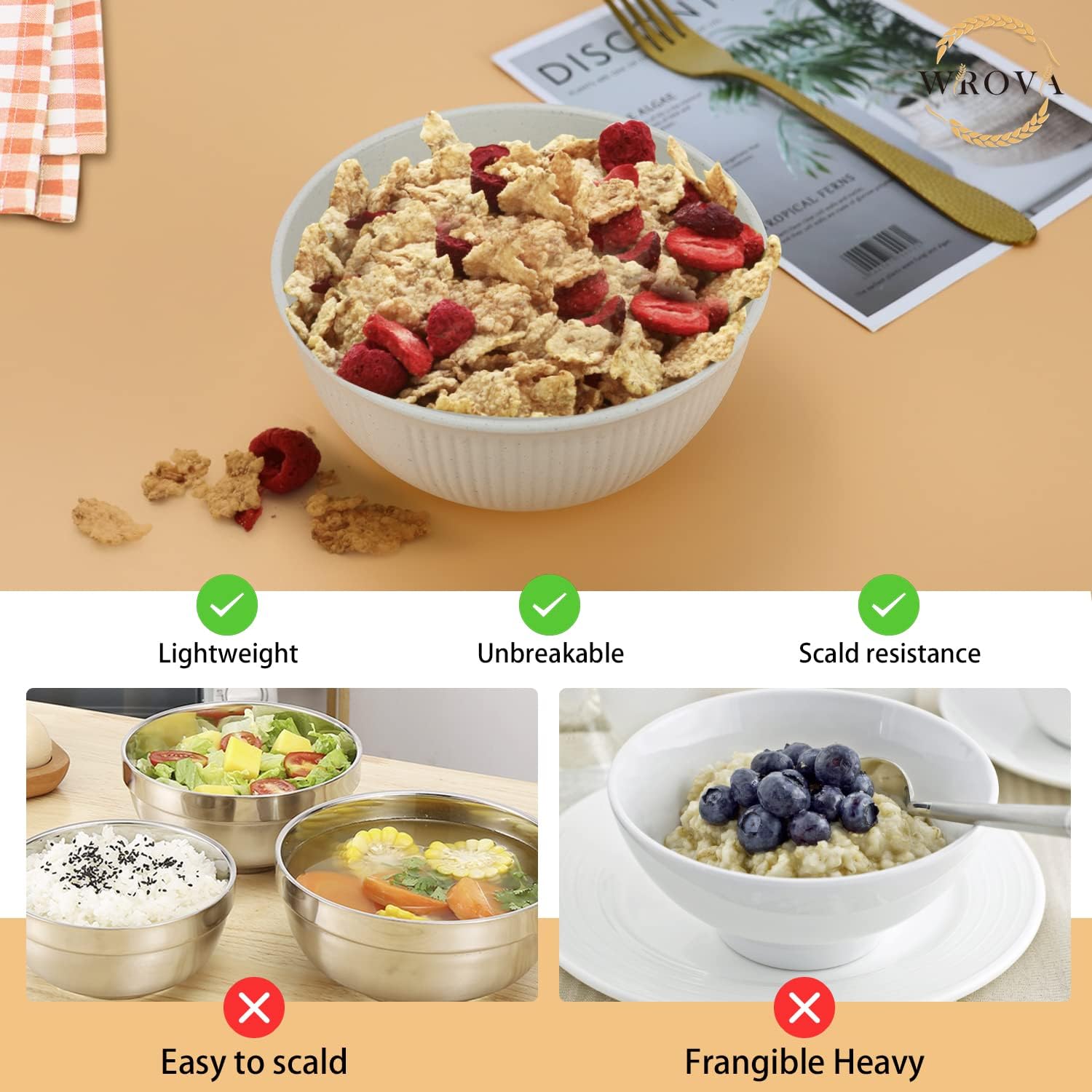 Juego de 8 cuencos de paja de trigo, cuencos irrompibles para cereales de 26 onzas, aptos para microondas y lavavajillas, cuencos para niños