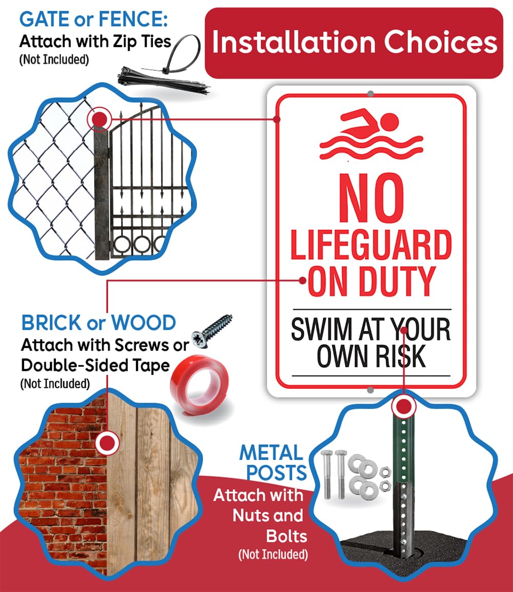 Metal Sign-No Lifeguard on Duty, Swim At Your Own Risk- Use IndoorOutdoor – Water Safety Notice Hazard Awareness Sign, For Beaches, Rivers, Lakes,