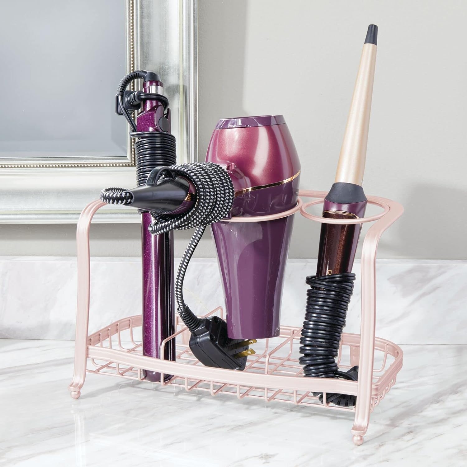 mDesign – Organizador de metal para el baño, para herramientas de cuidado del cabello y peinado, secadora, plancha alisadora, rizador, alisador del