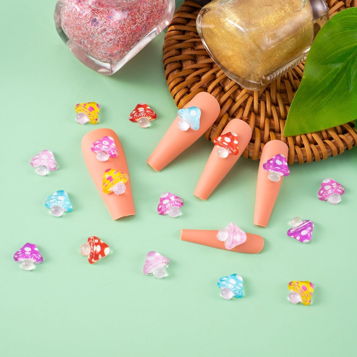 OIIKI – 120 dijes de uñas de hongos en 3D, bonito dije de purpurina para uñas artísticas, decoración de uñas de resina kawaii, diamantes de