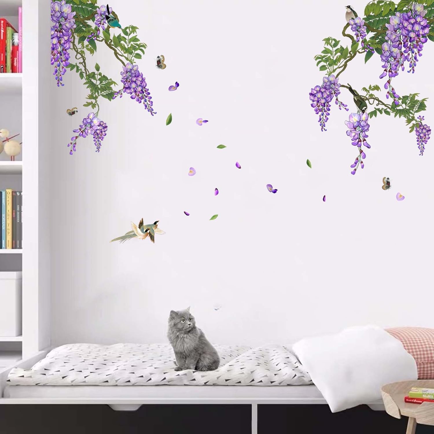 PinkEleph Calcomanías de pared colgantes de flores moradas  Plantas naturales, hojas florales  Sala de estar, dormitorio, sofá, fondo de TV,