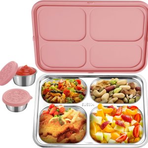 Caja Bento de acero inoxidable con 2 tazas de salsa, 4 compartimentos de alta calidad, lonchera de metal para niños o adultos (rosa) Caja Bento de acero inoxidable con 2 tazas de salsa, 4 compartimentos de alta calidad, lonchera de metal para niños o adultos (rosa)