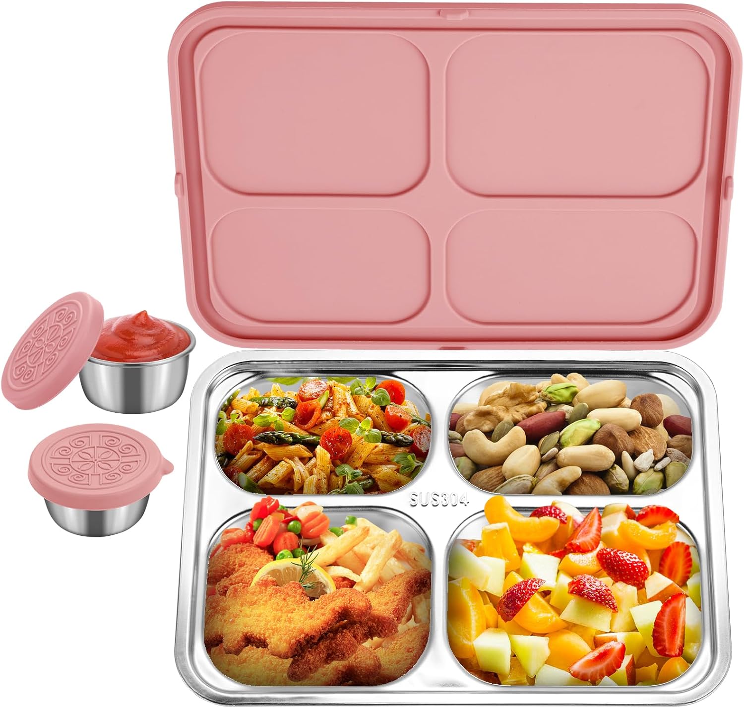 Caja Bento de acero inoxidable con 2 tazas de salsa, 4 compartimentos de alta calidad, lonchera de metal para niños o adultos (rosa)
