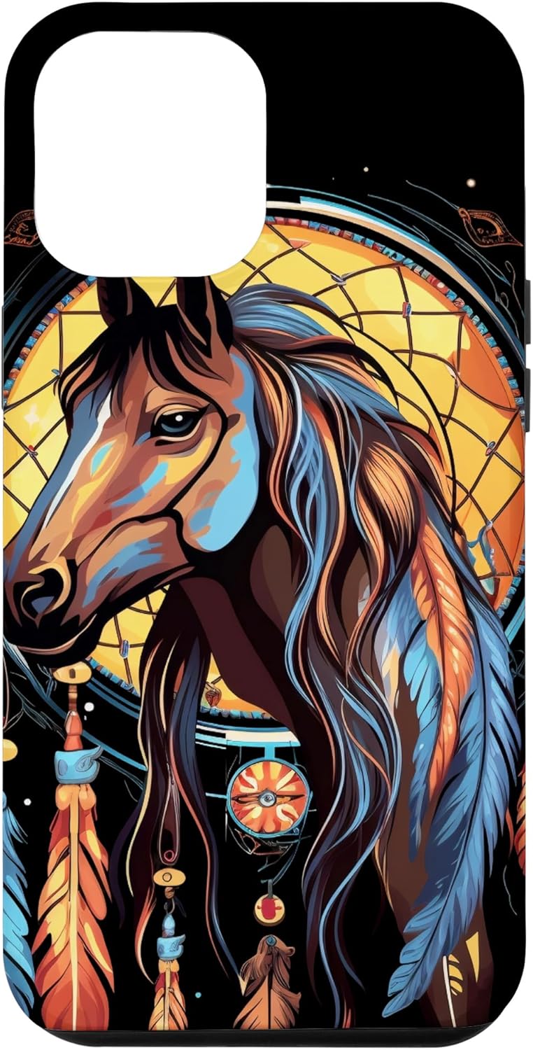 Funda tribal para iPhone 12 Pro Max Horse Dreamcatcher nativo americano plumas