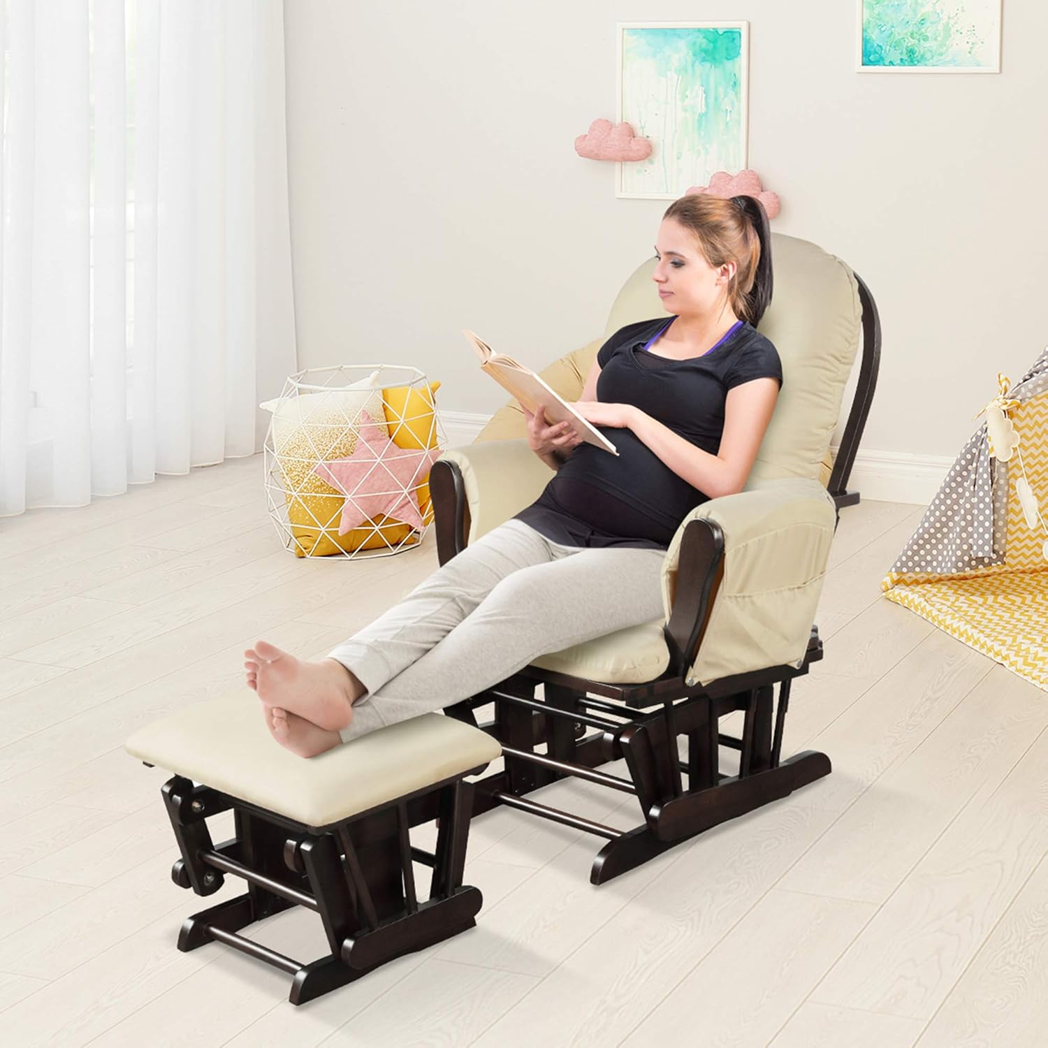 DORTALA Mecedora mecedora para bebé con otomana, planeador multiposición con tapizado lavable, movimiento mecedor suave, juego de deslizador de