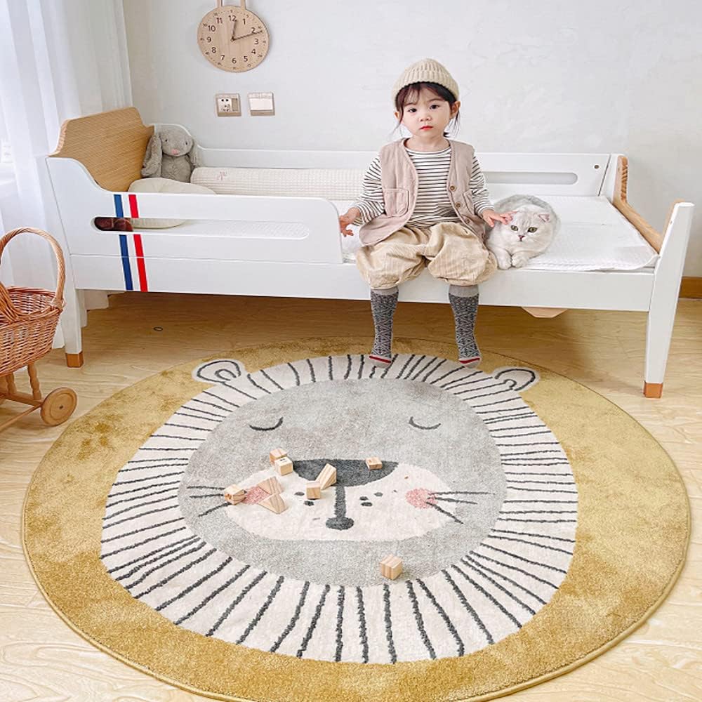 Alfombra de león para niños, alfombra redonda para bebé, decoración de habitación de niños, lavable, antideslizante, con temática de dibujos
