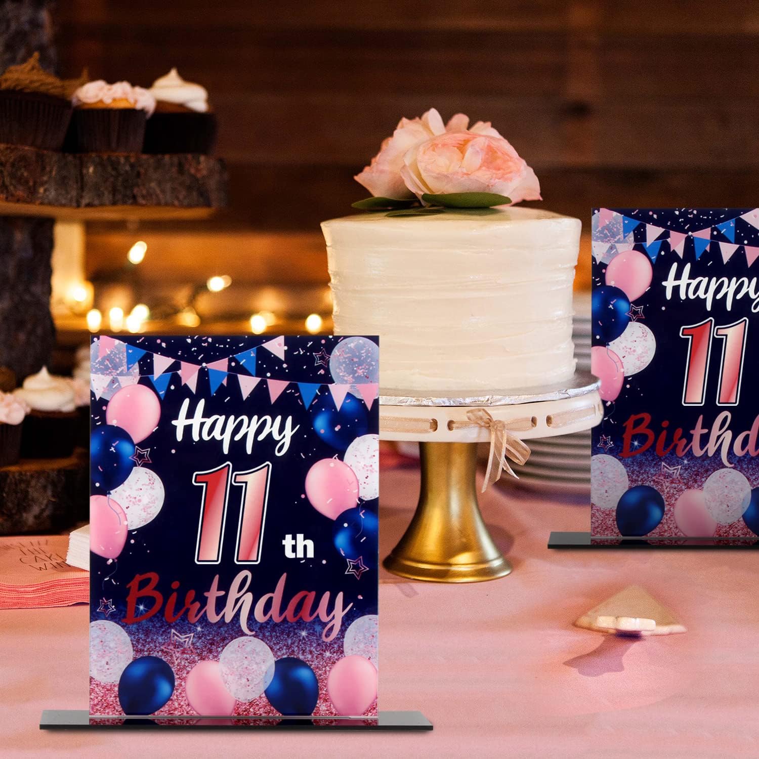 LINGTEER Centros de mesa acrílicos con globos de color azul marino y rosa con texto en inglés “Happy 11th Birthday”, 2 unidades de decoración de
