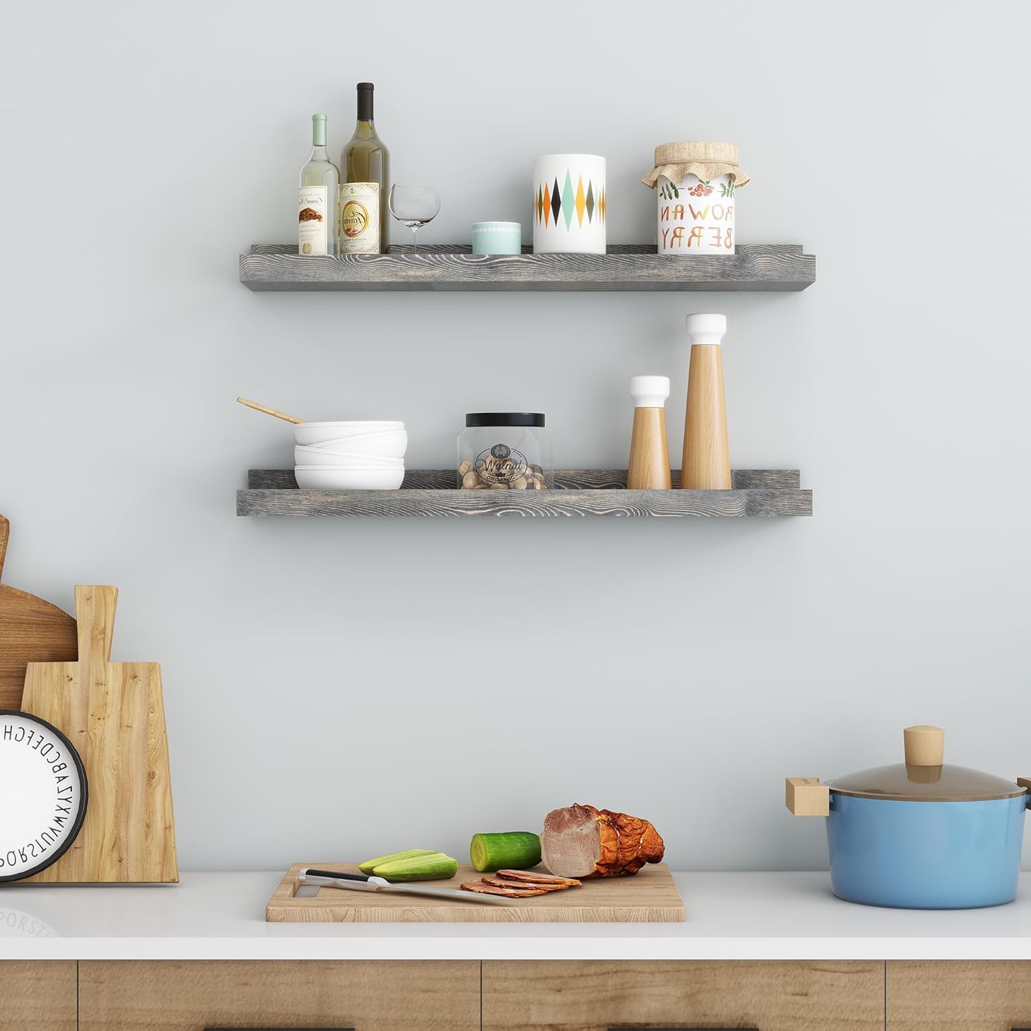 Juego de 2 estantes de pared de 24 pulgadas de ancho, estantes flotantes rústicos de madera de pino maciza para pared para habitación de niños,