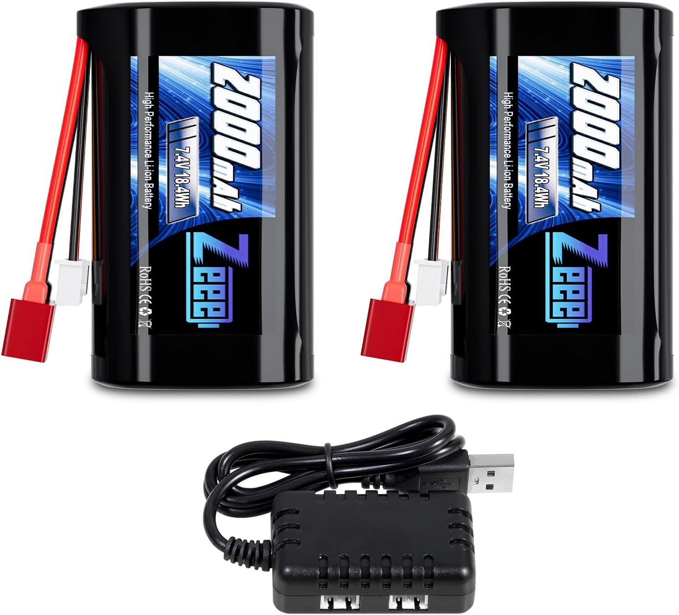 Zeee Batería de iones de litio 2S de 2000 mAh 7.4 V Deans T conector con cargador de batería de 7.4 V compatible con 110, 112, 116 escala RC Cars
