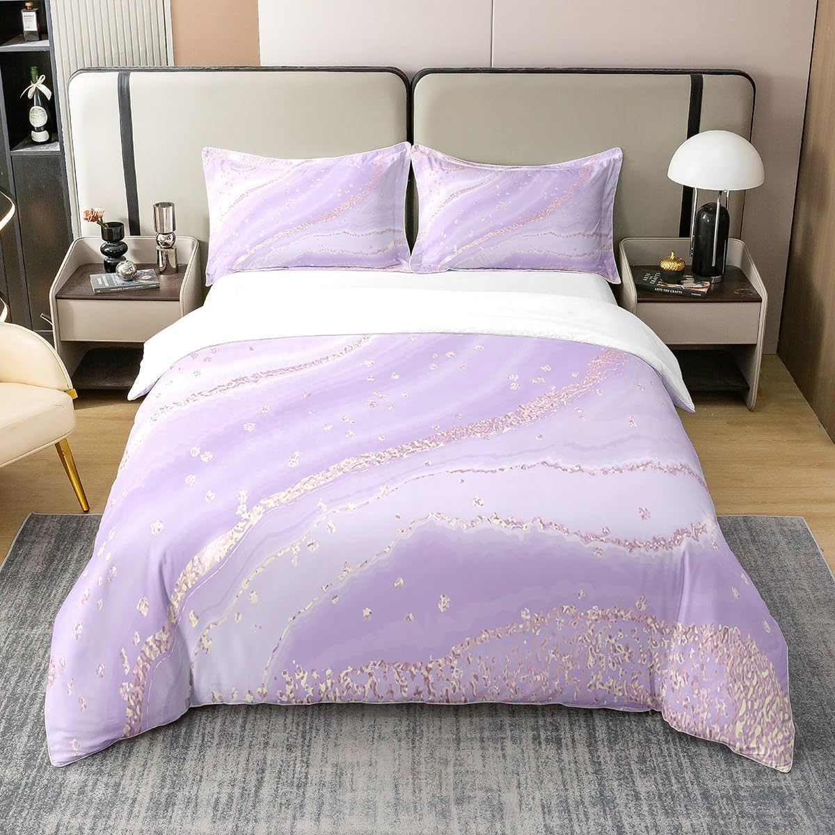 Erosebridal Juego de funda de edredón 100 % algodón de mármol morado y rosa, tamaño matrimonial, juego de ropa de cama femenina de acuarela para