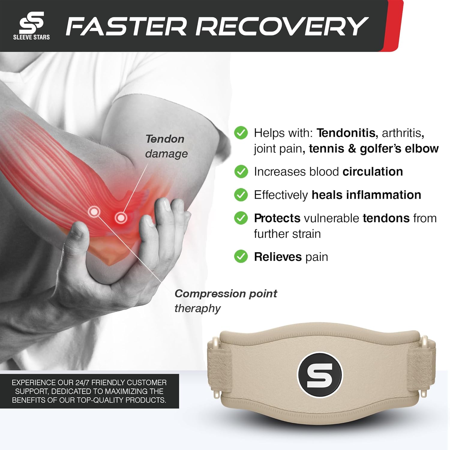 Sleeve Stars – Codera de tenis para hombres y mujeres, codo para tendinitis, codo y correa para golfistas, banda de contrafuerza para alivio del