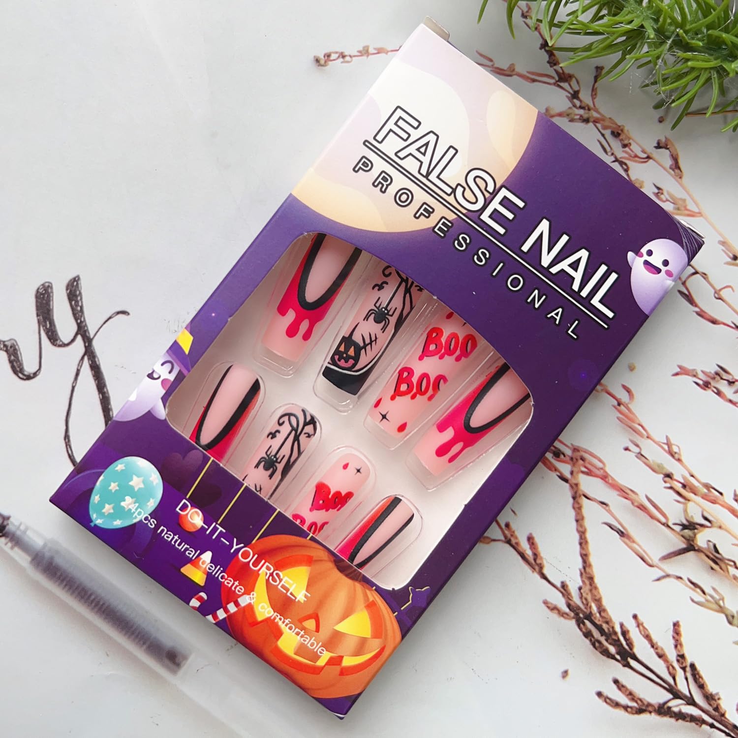 Uñas postizas largas de Halloween, uñas cuadradas a presión, con punta francesa de sangre, uñas con pegamento, uñas de araña largas cuadradas de