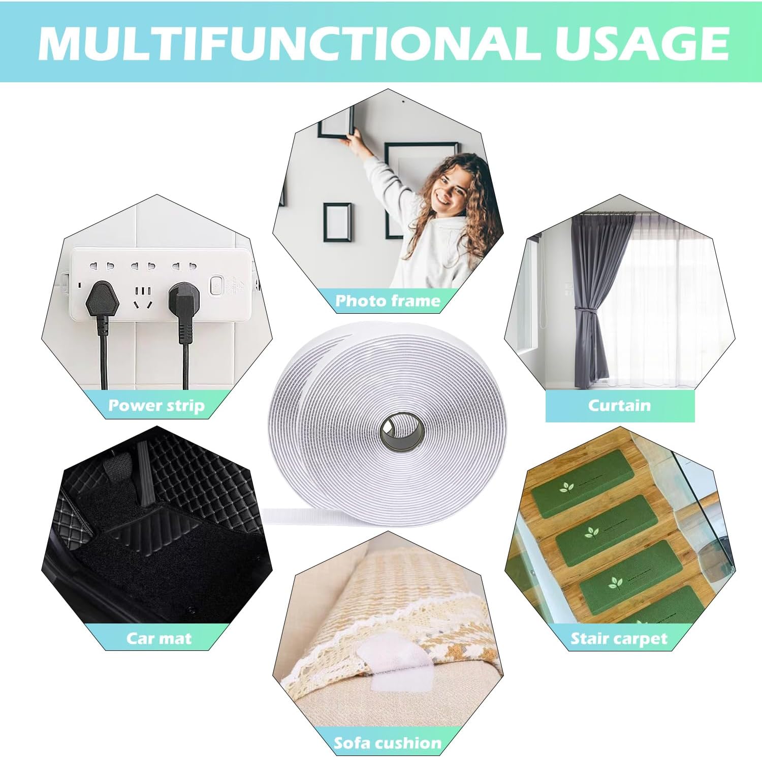 Cinta de gancho y bucle de 30 pies x 1 pulgada, cinta adhesiva de nailon resistente con adhesivo para escuela, hogar y exteriores (blanco, 1 pulgada)
