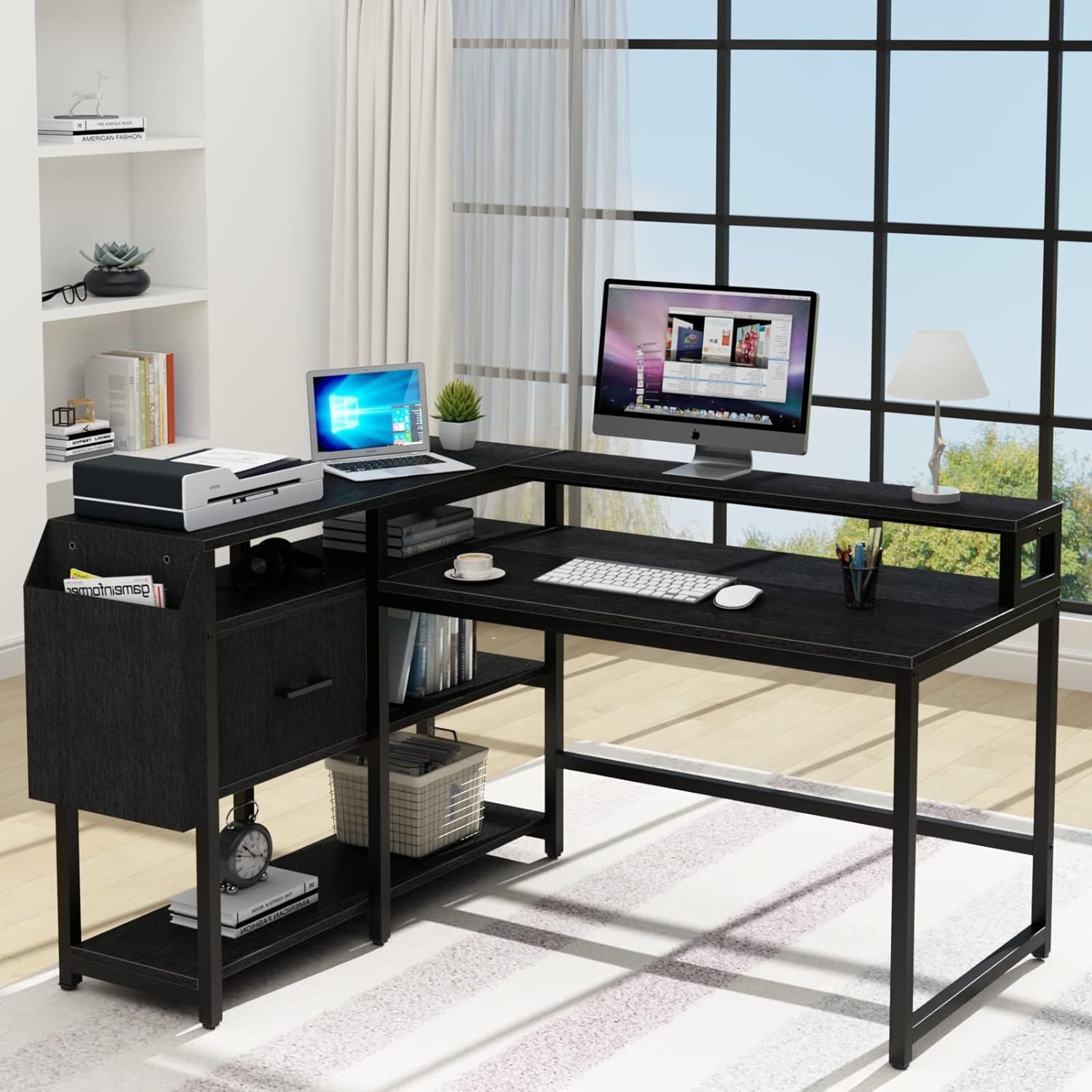 Loomie Escritorio reversible para computadora en forma de L con cajón, escritorio industrial de esquina de 55 pulgadas de ancho x 41 pulgadas de