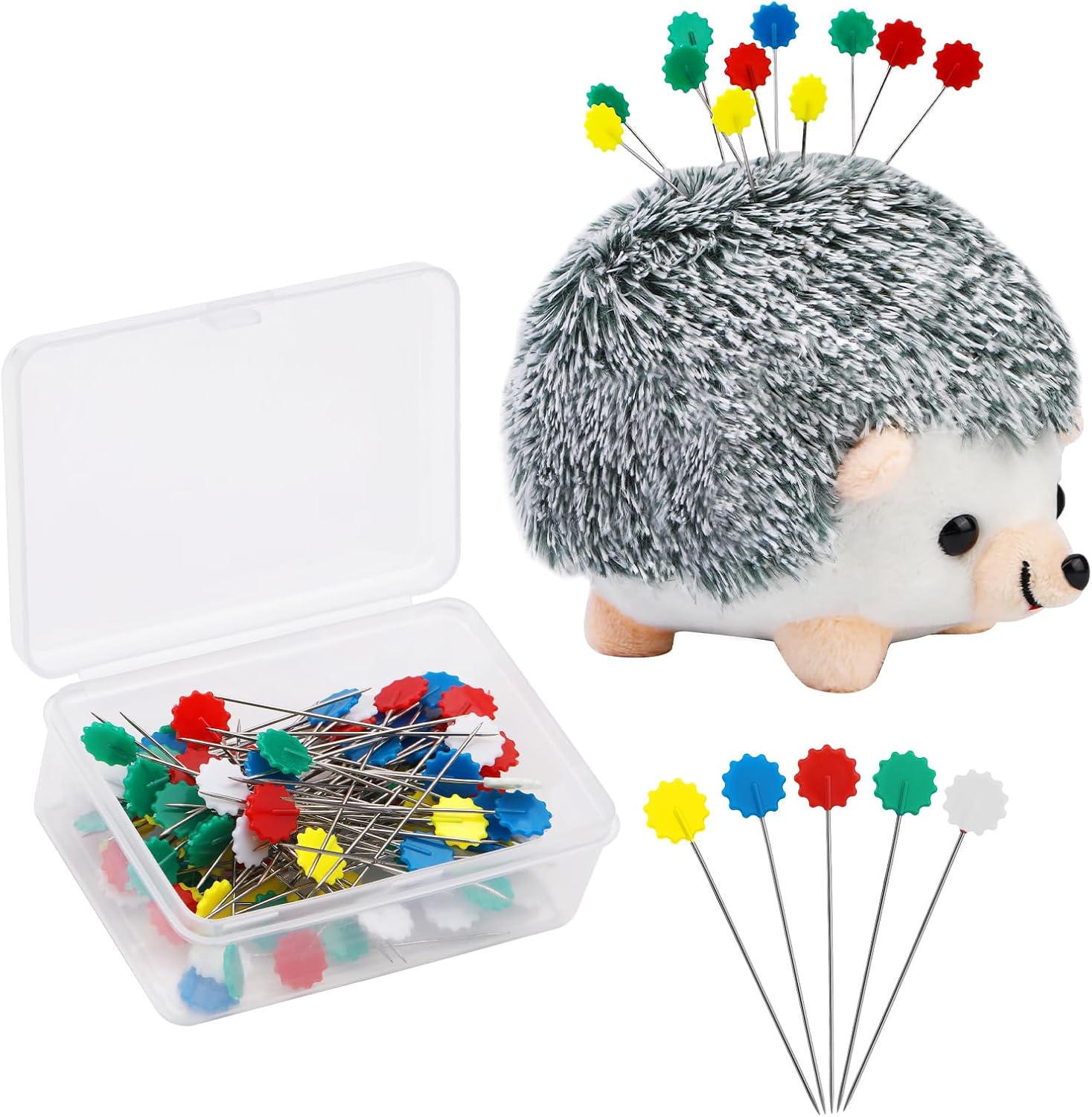 Juego de 102 alfileres rectos de cabeza plana de erizo, bonito alfiler con caja de almacenamiento transparente y alfileres de acolchado, alfileres