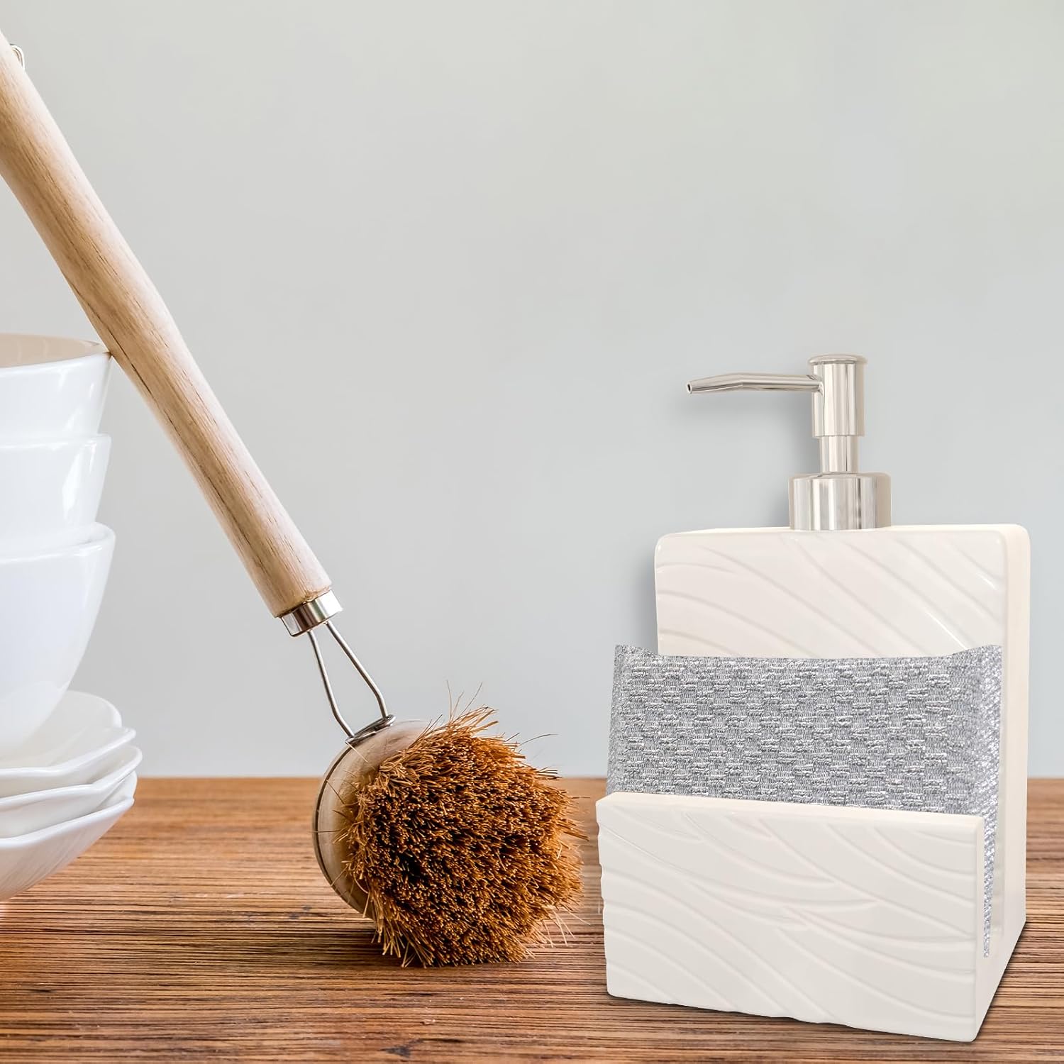 Dispensador de jabón con soporte para esponja, dispensador de jabón de cerámica para fregadero de cocina, dispensador de jabón líquido 2 en 1 con