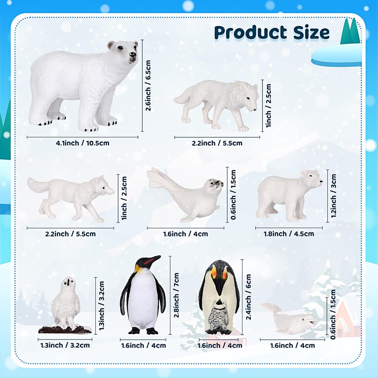 El juego de 19 juguetes de animales árticos incluye 10 figuras de animales polares, 6 pinos en miniatura, 1 tabla de espuma, 1 manta de nieve falsa