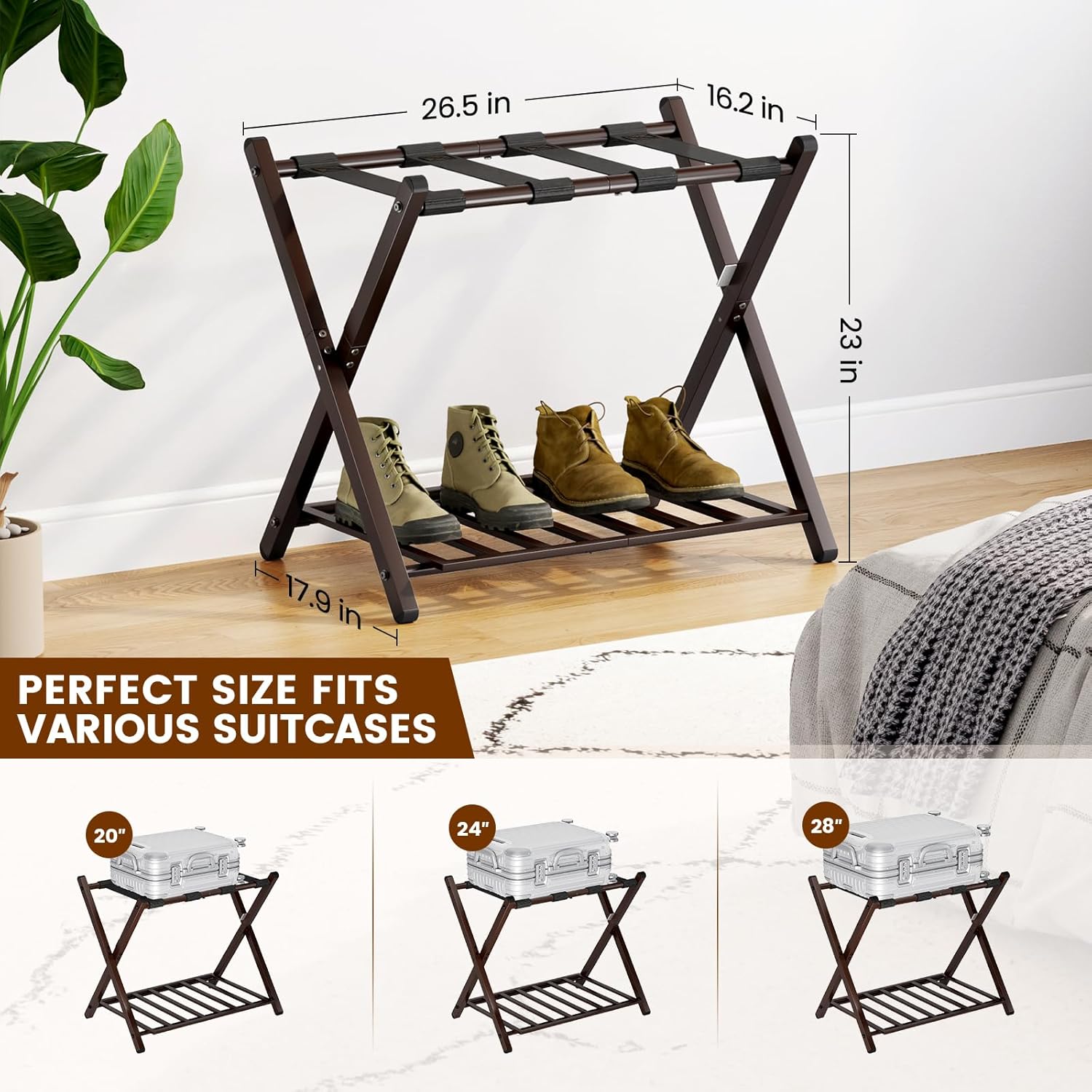 Portaequipajes plegable para habitación de invitados, soporte plegable para maleta con bloqueo magnético único y estante de acero, por nivel con