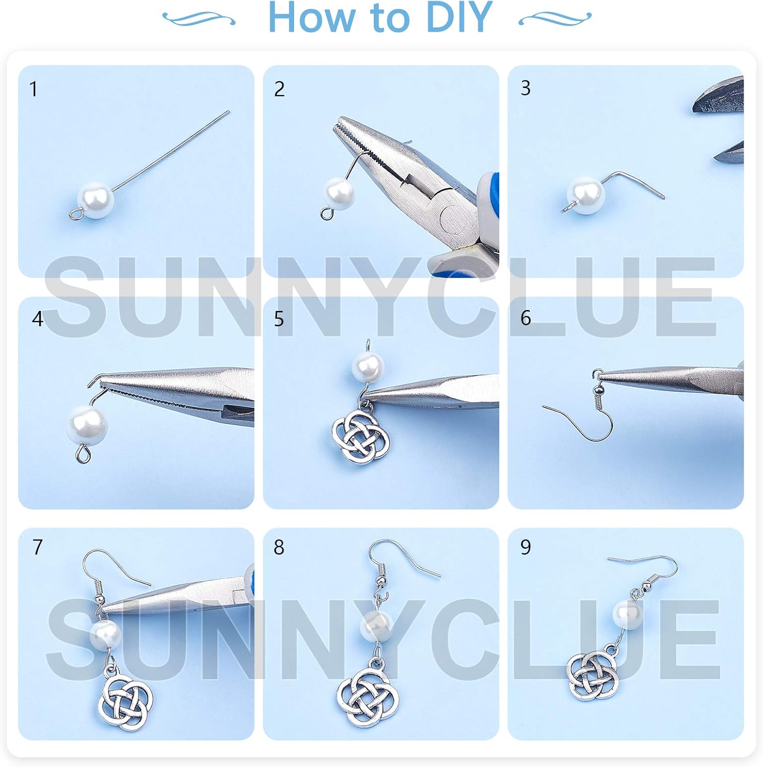 SUNNYCLUE 1 caja de 8 pares de aretes de nudo celta de plata antigua, aretes colgantes de perlas, kit de inicio de fabricación de joyas con