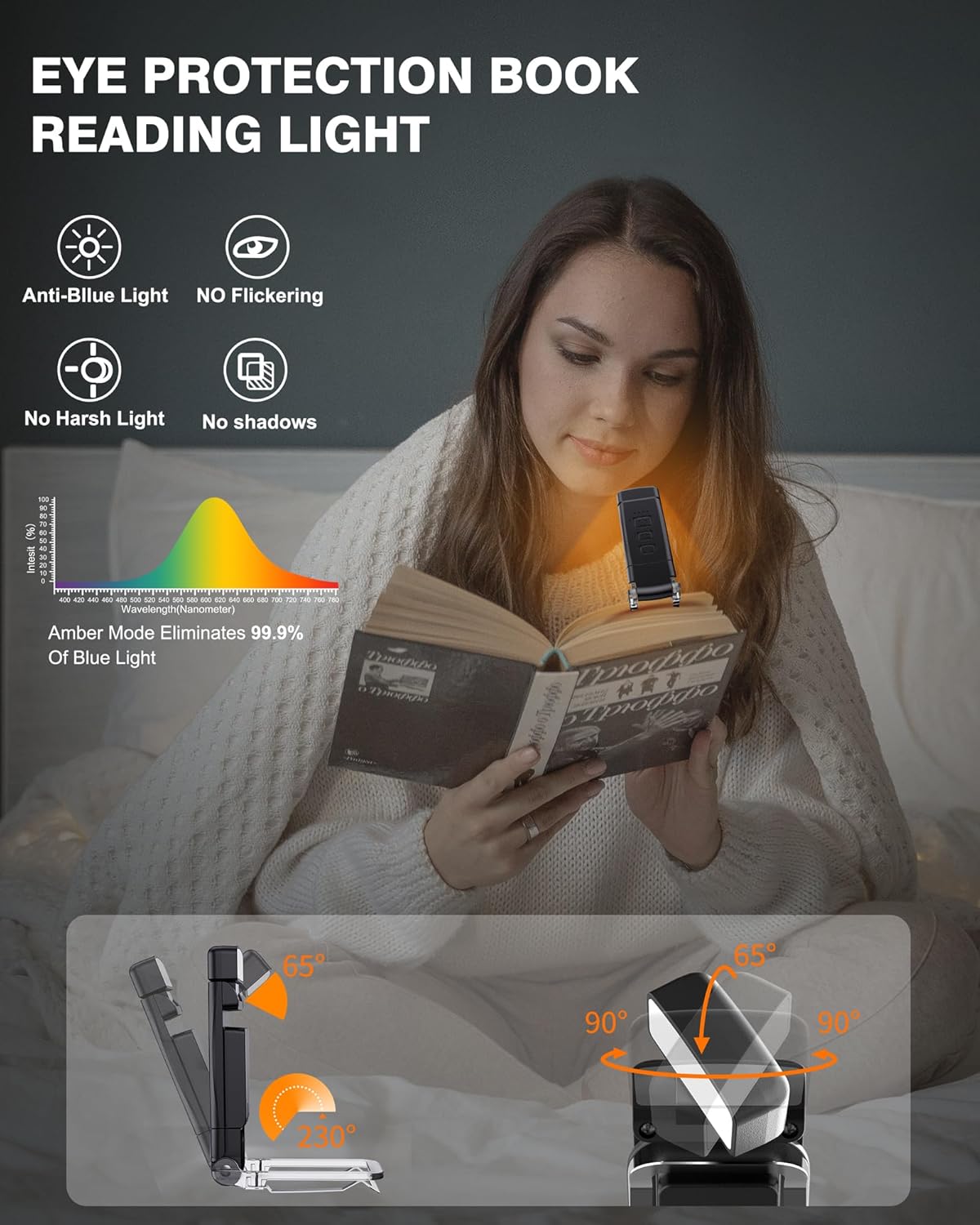 Paquete de 2 luces de lectura con 6 marcapáginas, luz recargable para leer por la noche en la cama, con 3 colores y 5 brillo ajustable para cuidado