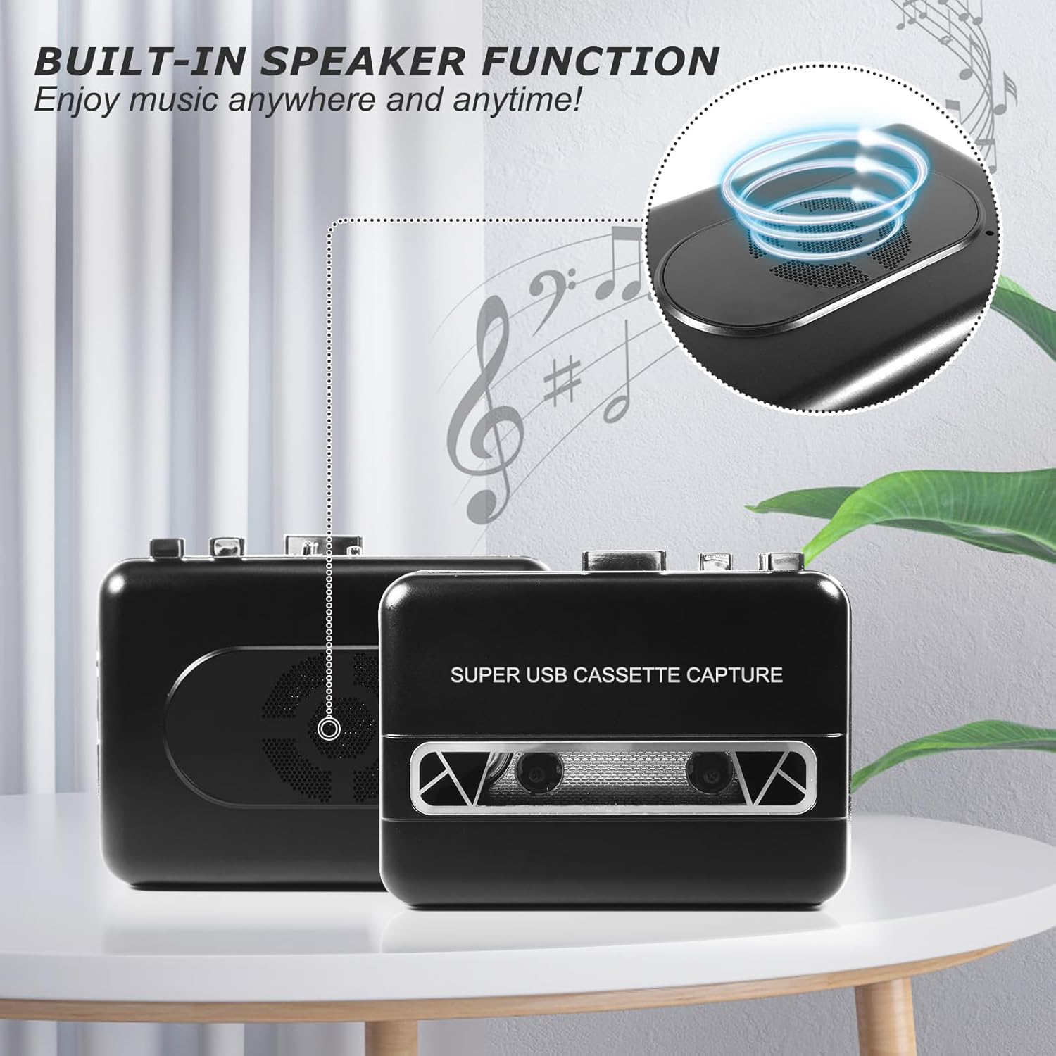 Reproductor de casete de reversa automático portátil, reproductor de cinta de casete Walkman estéreo transparente con altavoz grande y auriculares,