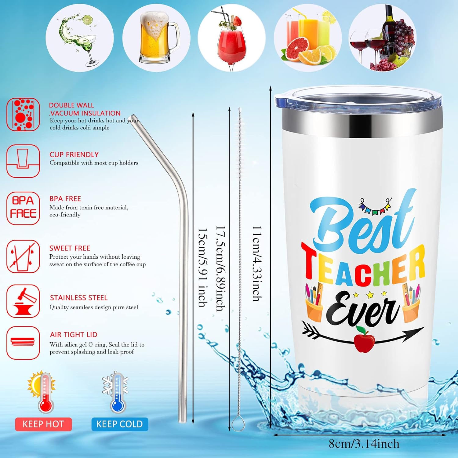 Rtteri Vaso de acero inoxidable de 20 onzas con tapas y cepillos para pajitas, regalo de agradecimiento para profesores, 4 piezas, para graduación,