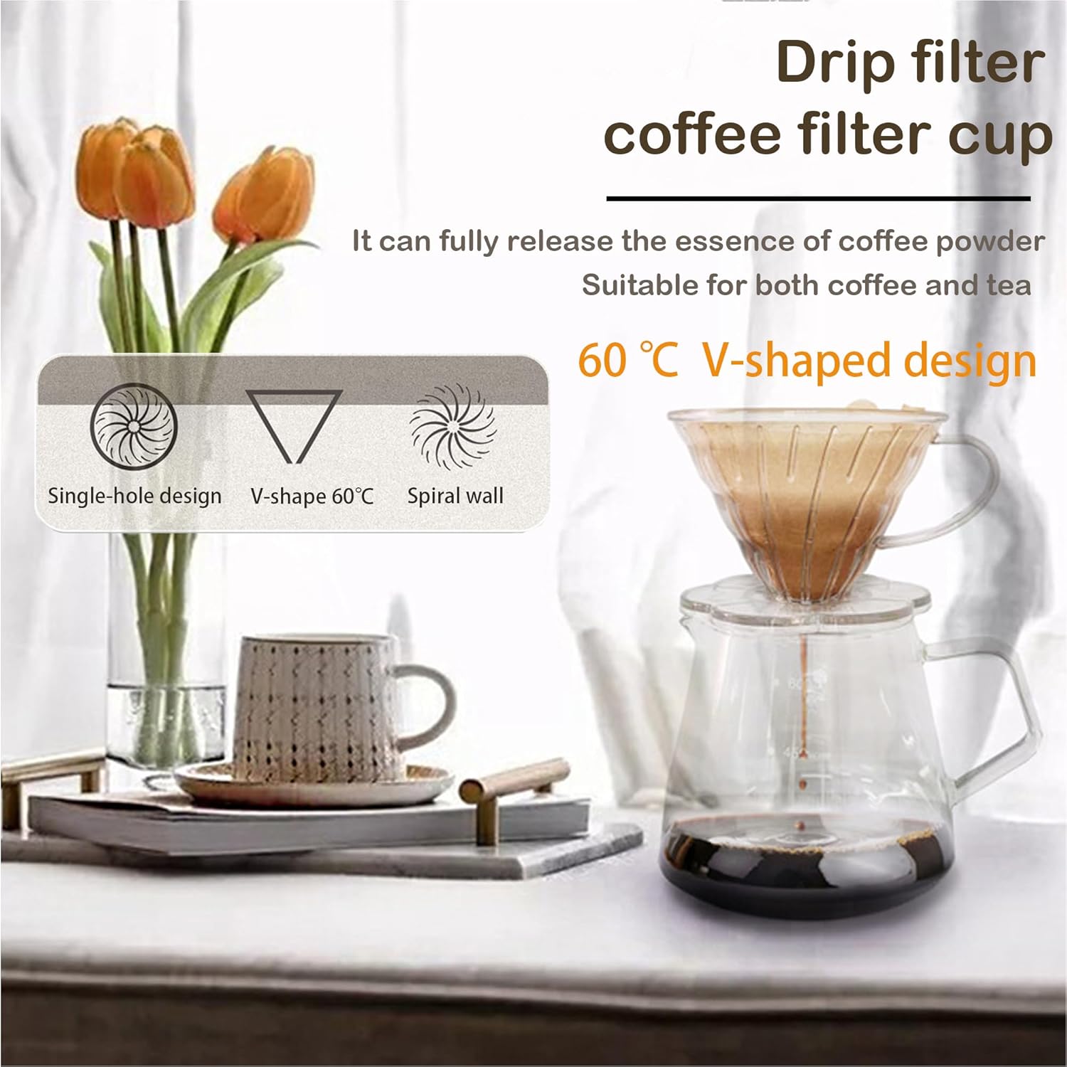 dolljojo V60 – Gotero de café, 1-2 tazas, cafetera para verter sobre café, taza de filtro de café reutilizable, para verter sobre el gotero de café,